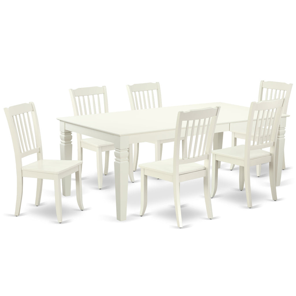 Juego de mesa de comedor East West Furniture LGDA7-LWH-W de 7 piezas compuesto por una mesa rectangular con hojas de mariposa y 6 sillas con asiento de madera.