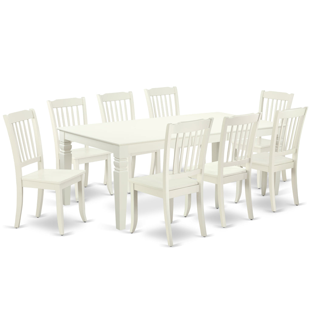 El juego de mesa de comedor East West Furniture LGDA9-LWH-W de 9 piezas incluye una mesa de cocina rectangular con diseño de hojas de mariposa y 8 sillas de comedor.