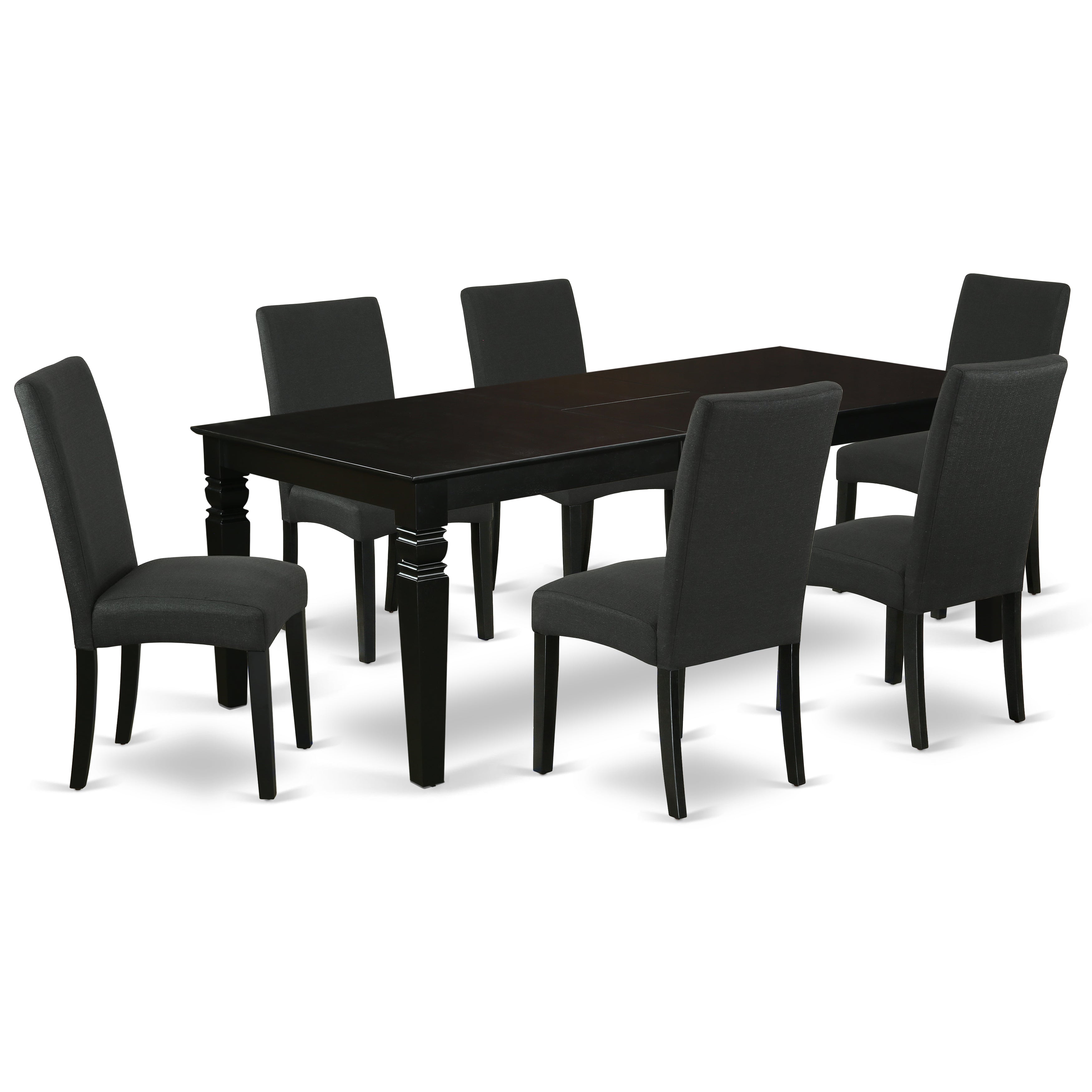 LGDR7-BLK-24 7Pc Rectangle 66/84" Kitchen Table With 18 In Self Storing Butterfly Leaf And Six Parson Chair With Black Finish Leg And Linen Fabric- Black Color