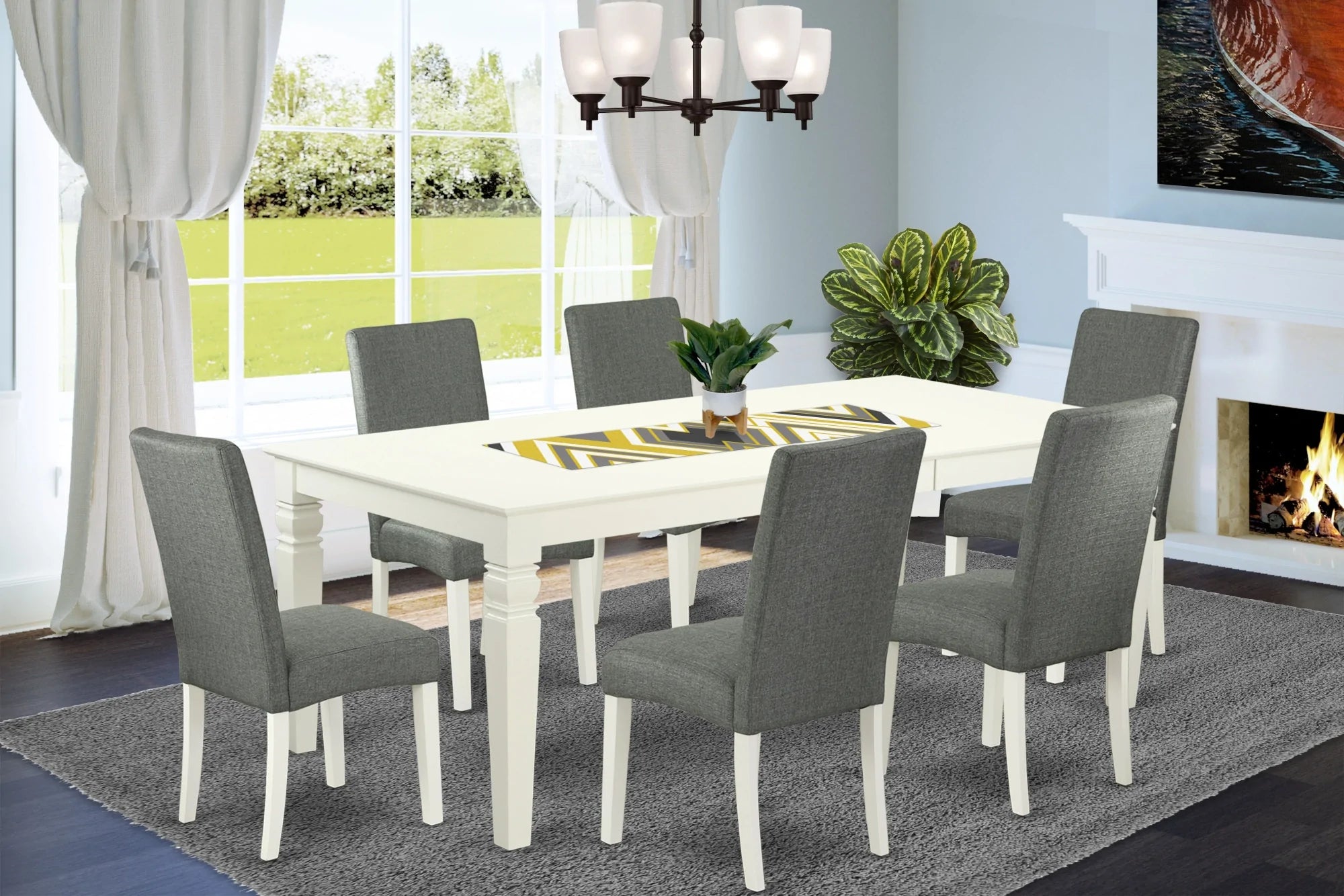 Juego de mesa de comedor moderna East West Furniture LGDR7-LWH-07 de 7 piezas compuesto por una mesa rectangular de madera con diseño de hojas de mariposa y 6 sillas de comedor Parson de tela de lino gris.