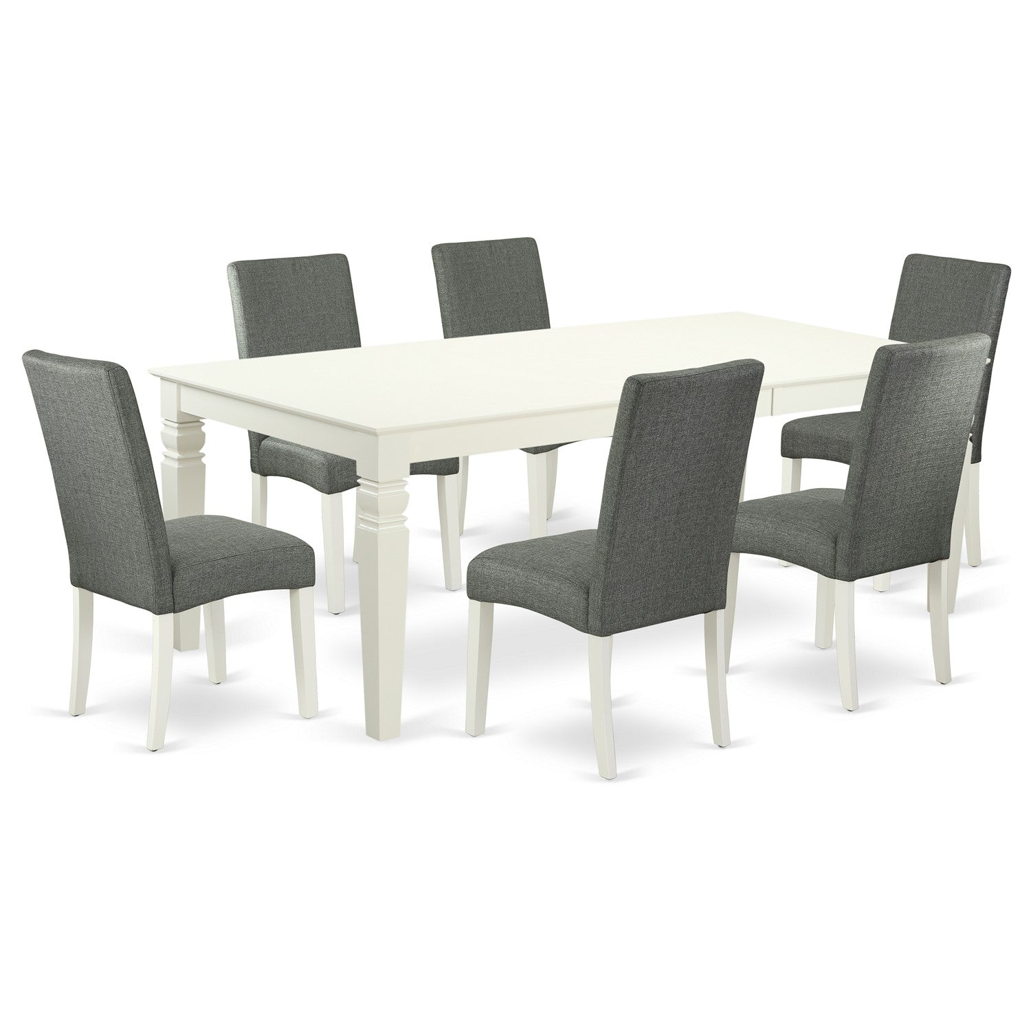 Juego de mesa de comedor moderna East West Furniture LGDR7-LWH-07 de 7 piezas compuesto por una mesa rectangular de madera con diseño de hojas de mariposa y 6 sillas de comedor Parson de tela de lino gris.