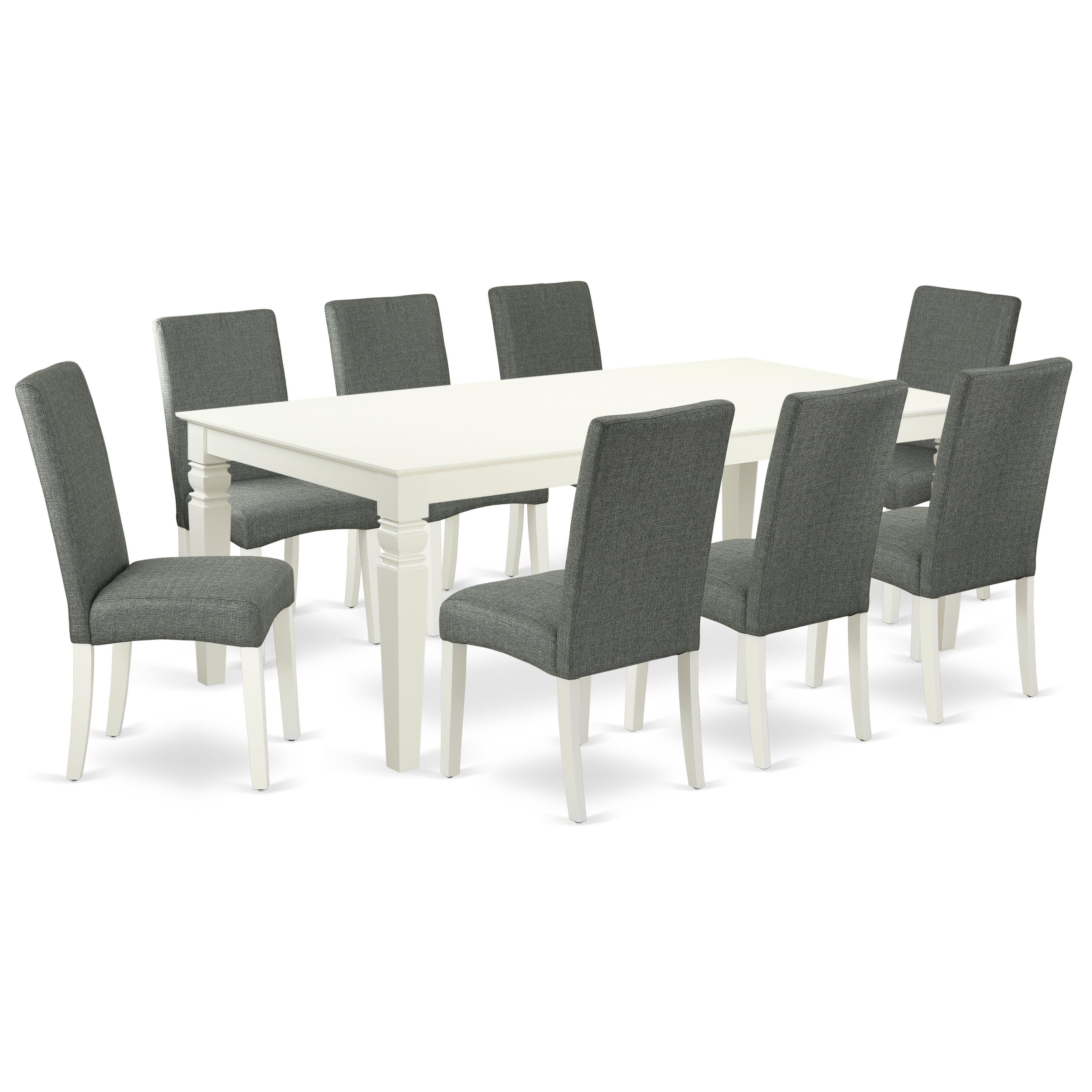 LGDR9-LWH-07 9Pc Rectangle 66/84 Inch Kitchen Table With 18 In Leaf And Eight Parson Chair With Linen White Finish Leg And Linen Fabric- Gray Color