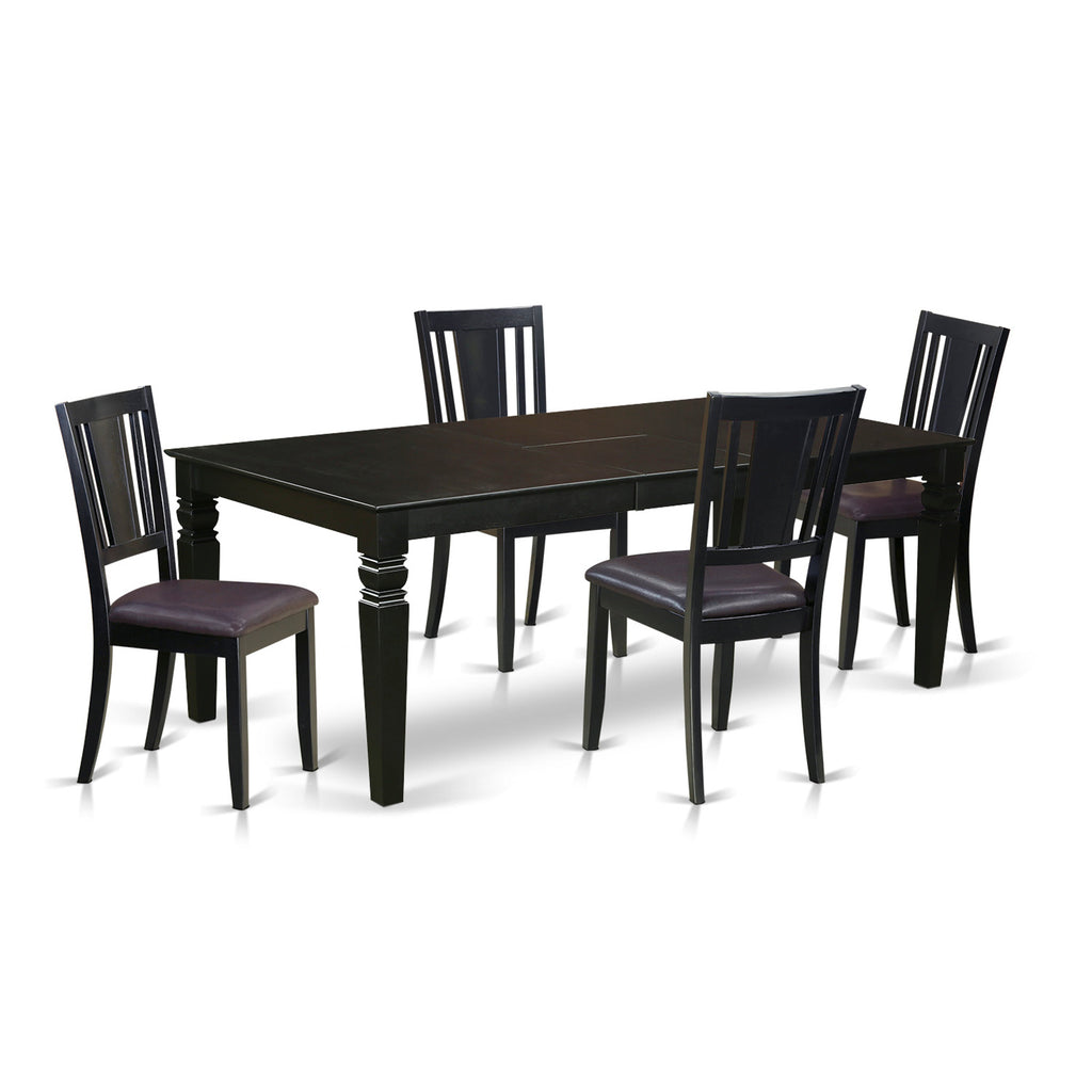 El juego de mesa y sillas de cocina de 5 piezas LGDU5-BLK-LC de East West Furniture incluye una mesa de comedor rectangular con hojas de mariposa y 4 sillas de comedor de cuero sintético.