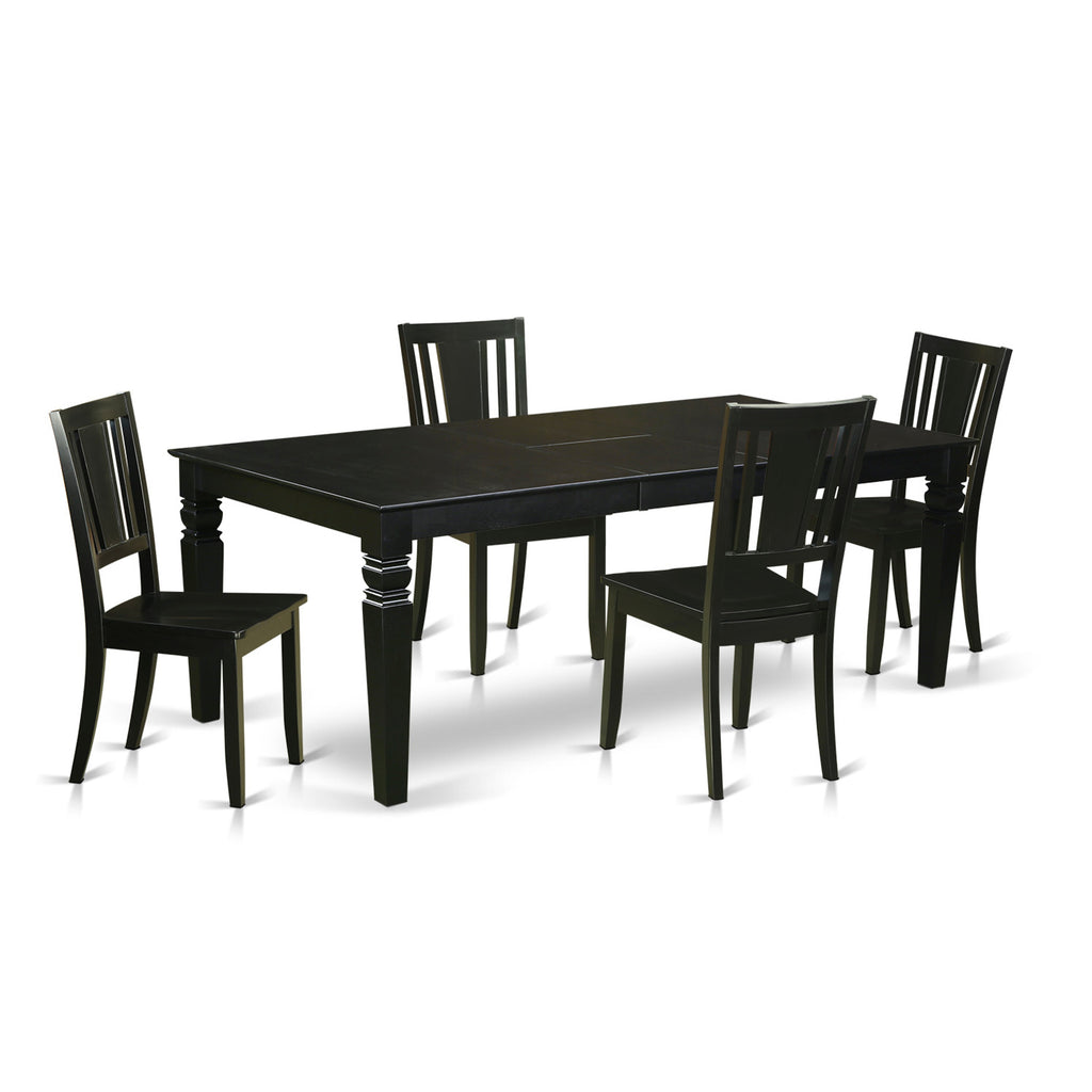 El juego de comedor de 5 piezas East West Furniture LGDU5-BLK-W incluye una mesa de comedor rectangular con hojas de mariposa y 4 sillas de cocina.