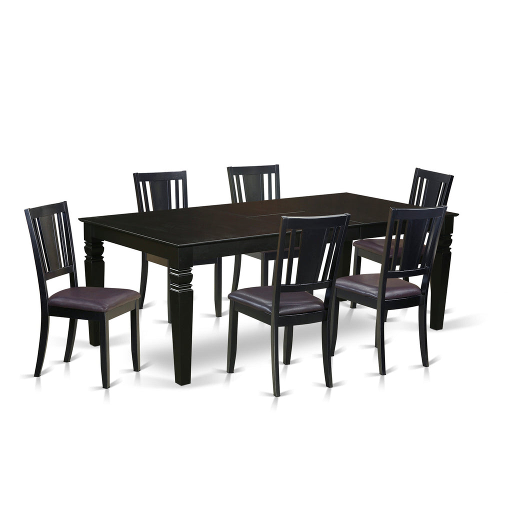 Juego de mesa de comedor moderna de 7 piezas East West Furniture LGDU7-BLK-LC. Incluye una mesa rectangular de madera con diseño de hojas de mariposa y 6 sillas de comedor de piel sintética.