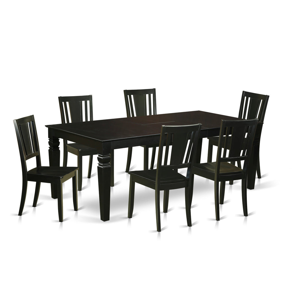 Juego de mesa de cocina de 7 piezas East West Furniture LGDU7-BLK-W compuesto por una mesa de comedor rectangular con hojas de mariposa y 6 sillas de comedor.