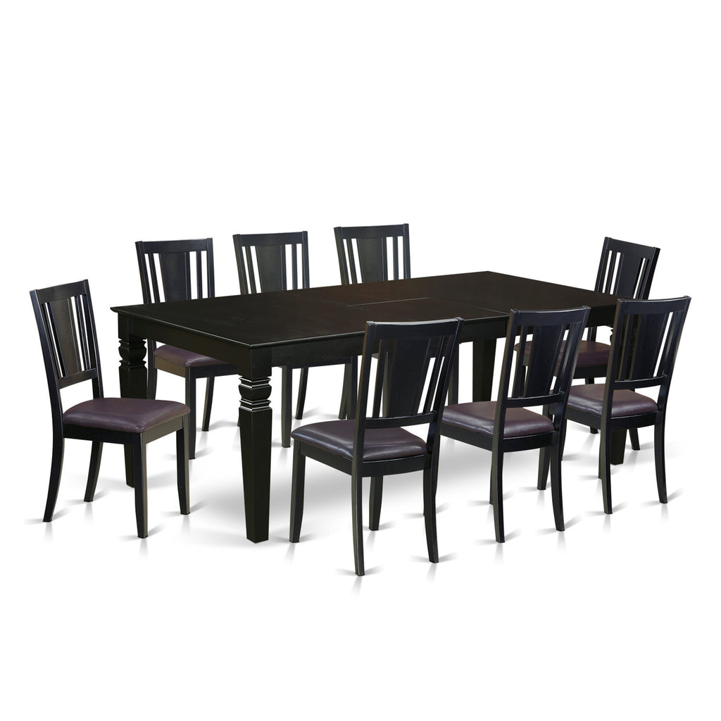 El juego de mesa de cocina de 9 piezas LGDU9-BLK-LC de East West Furniture incluye una mesa de comedor rectangular con diseño de hojas de mariposa y 8 sillas tapizadas en piel sintética.