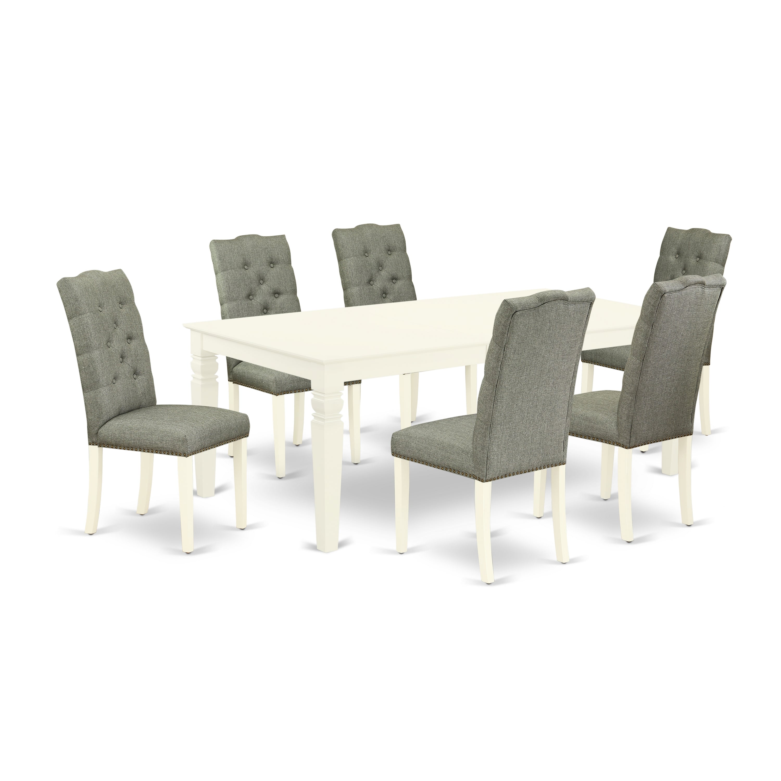 Juego de mesa de comedor East West Furniture LGEL7-LWH-07 de 7 piezas compuesto por una mesa rectangular con diseño de hojas de mariposa y 6 sillas Parson de tela de lino gris.
