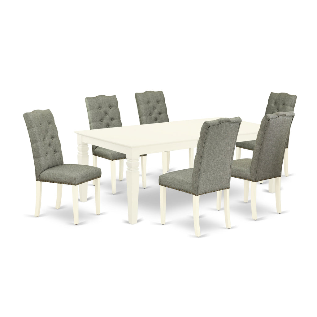 Juego de mesa de comedor East West Furniture LGEL7-LWH-07 de 7 piezas compuesto por una mesa rectangular con diseño de hojas de mariposa y 6 sillas Parson de tela de lino gris.