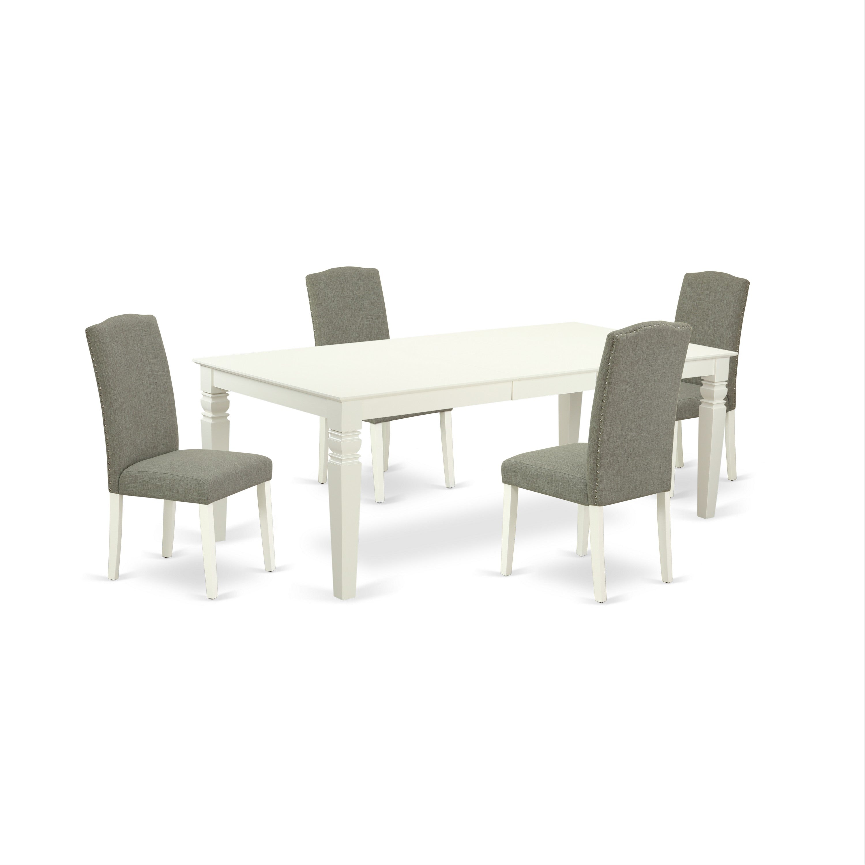 LGEN5-LWH-06 5Pc Rectangular 66/84 Inch Table With 18 In Leaf And Four Parson Chair With Linen White Leg And Linen Fabric Dark Shitake