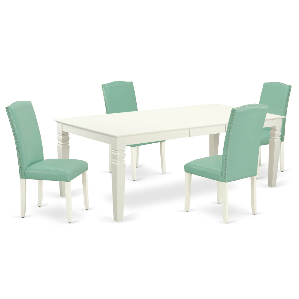 East West Furniture LGEN5-LWH-57 5 Piece Dining Room Table Set Includes a Rectangle Kitchen Table with Butterfly Leaf and 4 Pond Faux Leather Parson Dining Chairs, 42x84 Inch, Linen White