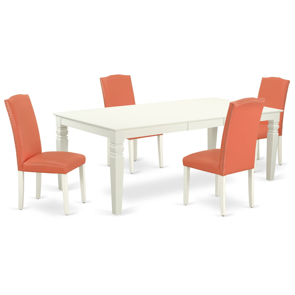 El juego de comedor de 5 piezas East West Furniture LGEN5-LWH-78 incluye una mesa de comedor rectangular con diseño de hojas de mariposa y 4 sillas Parsons de cuero sintético con diseño de flamencos rosados.