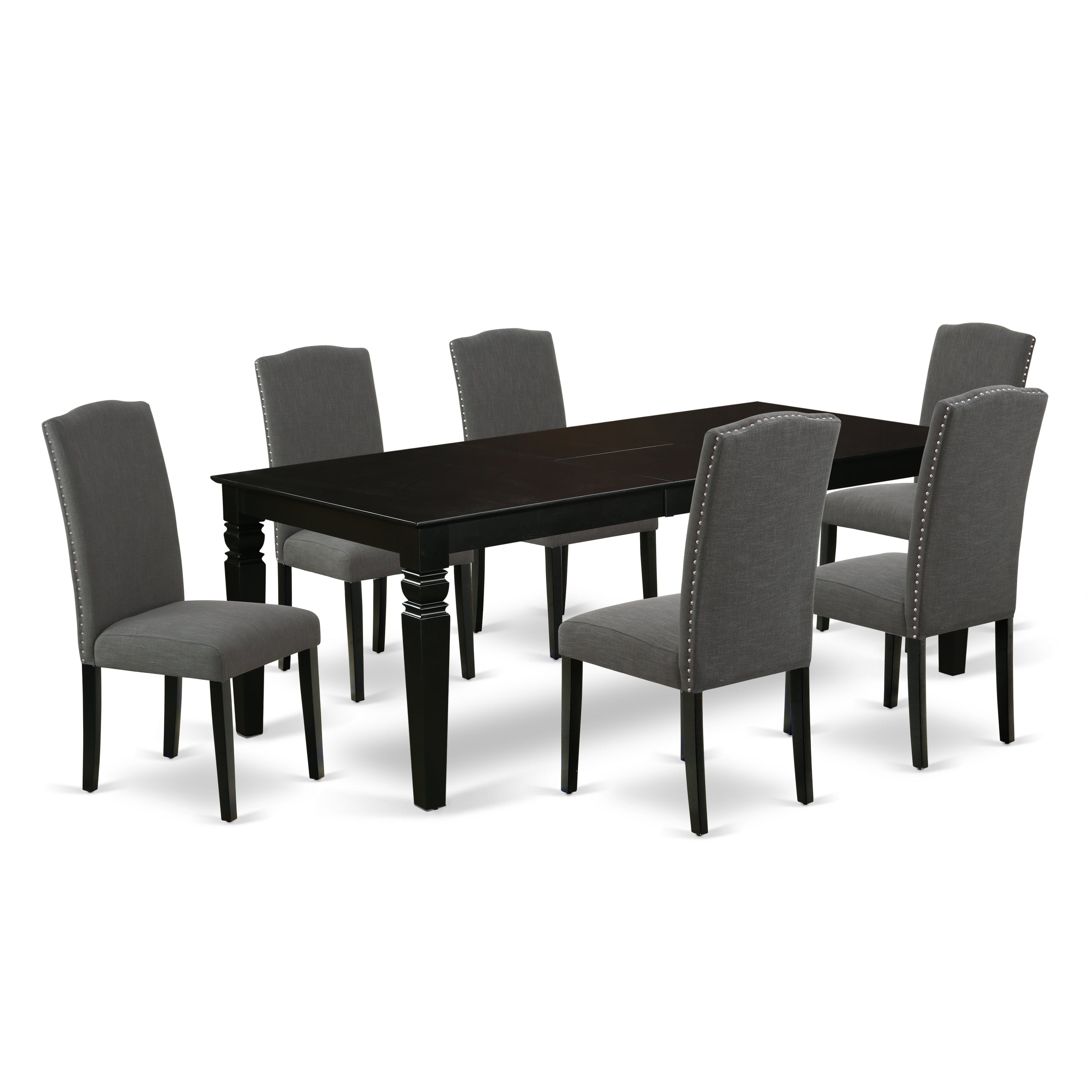 LGEN7-BLK-20 7Pc Rectangle 66/84" Kitchen Table With 18 In Self Storing Butterfly Leaf And Six Parson Chair With Black Leg And Linen Fabric Dark Gotham Grey