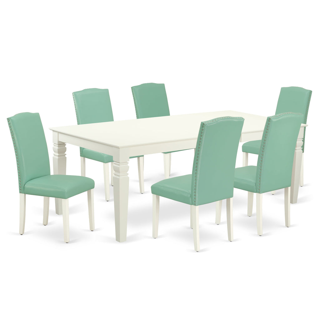 East West Furniture LGEN7-LWH-57 7 Piece Modern Dining Table Set Consist of a Rectangle Wooden Table with Butterfly Leaf and 6 Pond Faux Leather Parson Dining Chairs