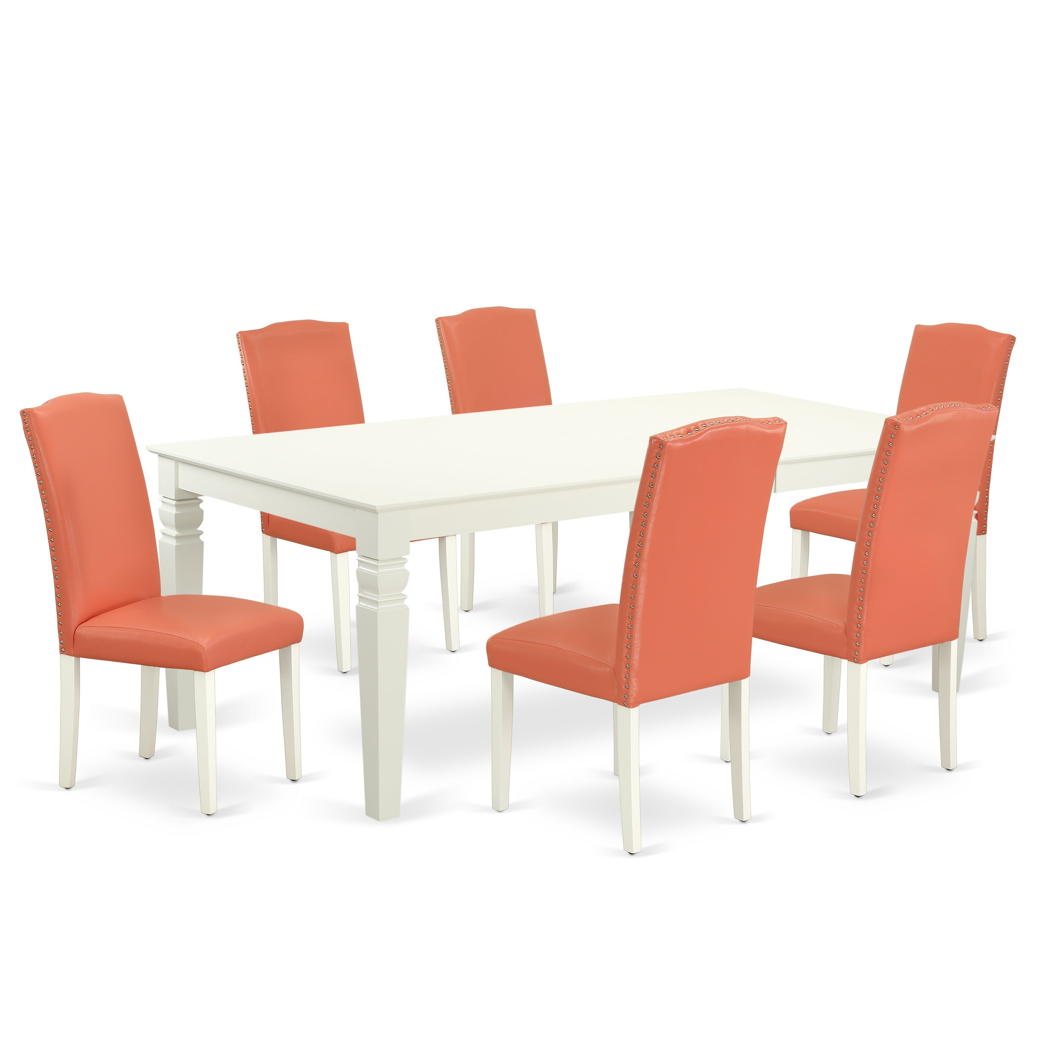 LGEN7-LWH-78 7Pc Rectangle 66/84" Kitchen Table With 18 In Self Storing Butterfly Leaf And Six Parson Chair With Linen White Leg And Pu Leather Color Pink Flamingo