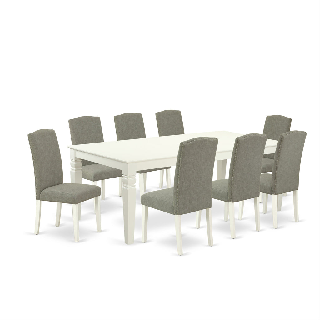 El juego de comedor East West Furniture LGEN9-LWH-06 de 9 piezas incluye una mesa de comedor rectangular con hojas de mariposa y 8 sillas tapizadas en tela de lino shitake oscuro.