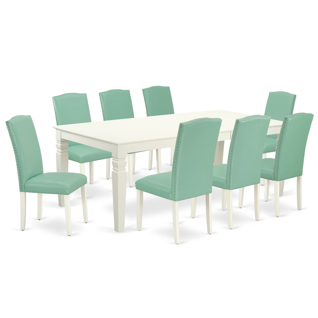 El juego de mesa de comedor moderno East West Furniture LGEN9-LWH-57 de 9 piezas incluye una mesa rectangular de madera con diseño de hojas de mariposa y 8 sillas tapizadas en piel sintética con estampado de estanque.