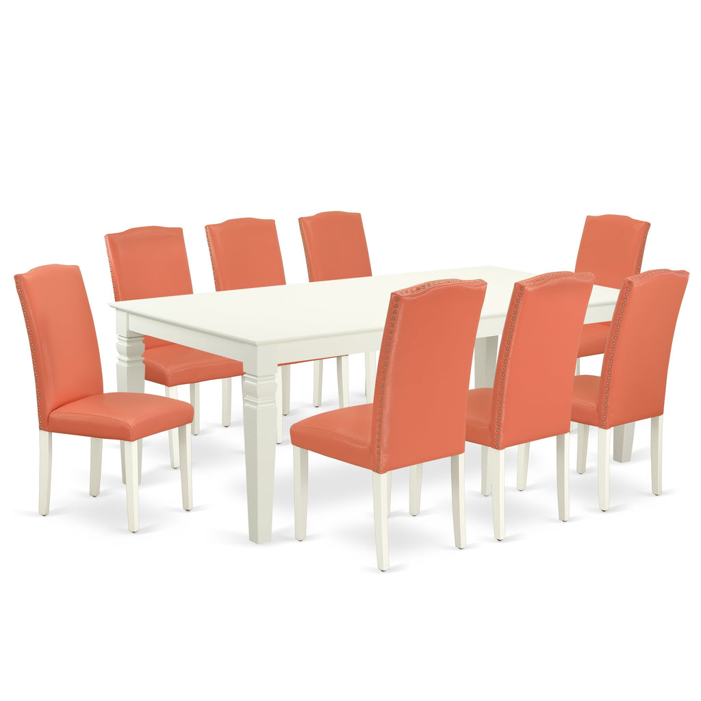 El juego de mesa de cocina East West Furniture LGEN9-LWH-78 de 9 piezas incluye una mesa de comedor rectangular con diseño de hojas de mariposa y 8 sillas Parson de piel sintética con diseño de flamencos rosados.