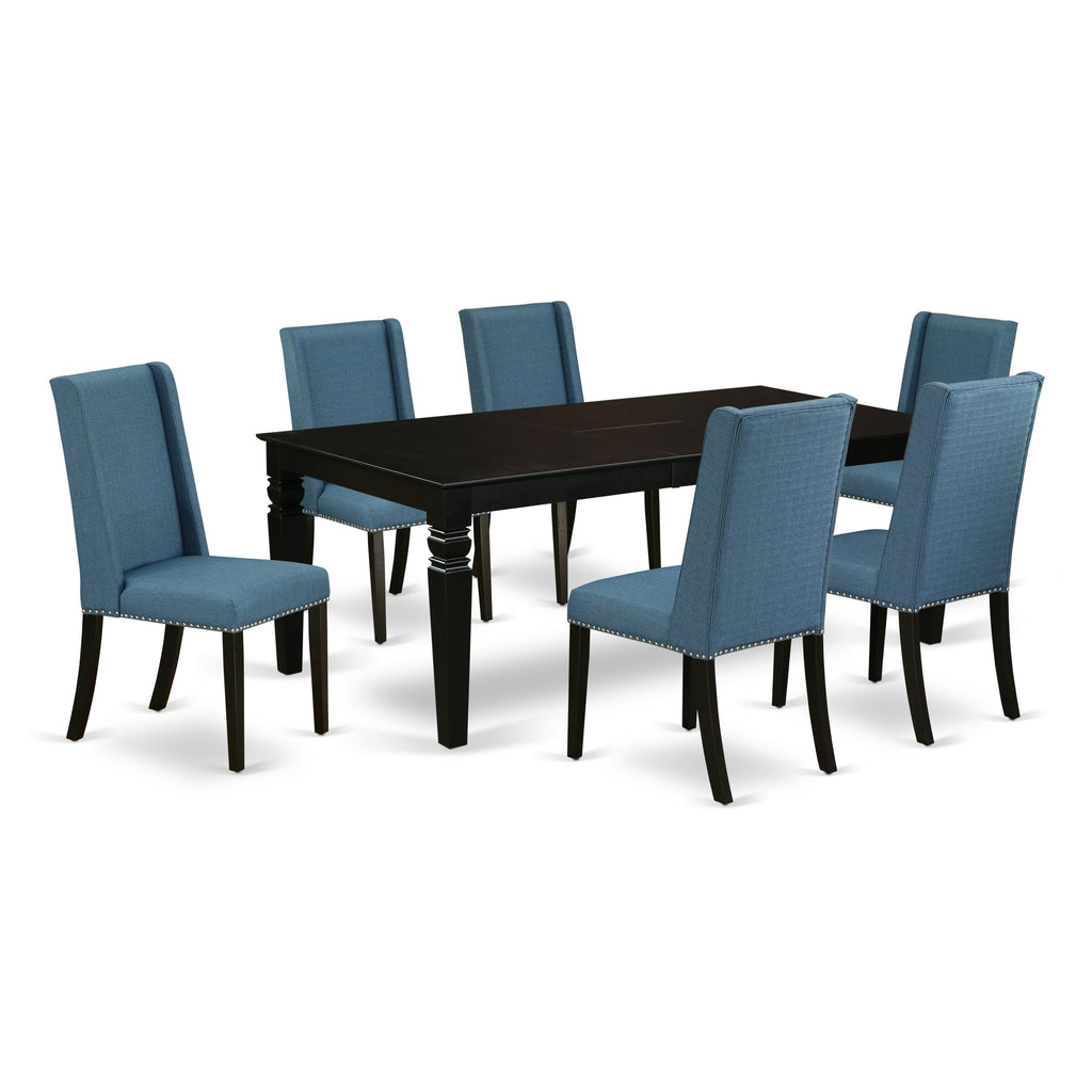 Juego de mesa de comedor East West Furniture LGFL7-BLK-21 de 7 piezas compuesto por una mesa rectangular con diseño de hojas de mariposa y 6 sillas Parsons de tela de lino azul.