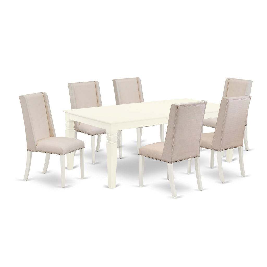 Juego de mesa de comedor East West Furniture LGFL7-LWH-01 de 7 piezas. Incluye una mesa de cocina rectangular con diseño de hojas de mariposa y 6 sillas tapizadas en tela de lino color crema.