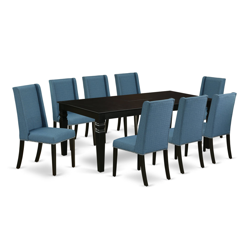 El juego de mesa de cocina East West Furniture LGFL9-BLK-21 de 9 piezas incluye una mesa de comedor rectangular con diseño de hojas de mariposa y 8 sillas de comedor Parson de tela de lino azul.
