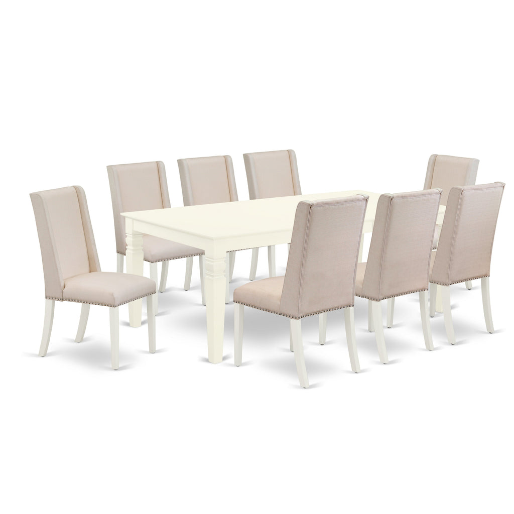 Juego de comedor East West Furniture LGFL9-LWH-01 de 9 piezas. Incluye una mesa rectangular de madera con diseño de hojas de mariposa y 8 sillas de comedor Parson de tela de lino color crema.
