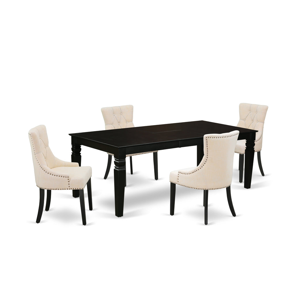 El juego de comedor de 5 piezas East West Furniture LGFR5-BLK-02 incluye una mesa rectangular de madera con diseño de hojas de mariposa y 4 sillas de comedor Parson de tela de lino beige claro.
