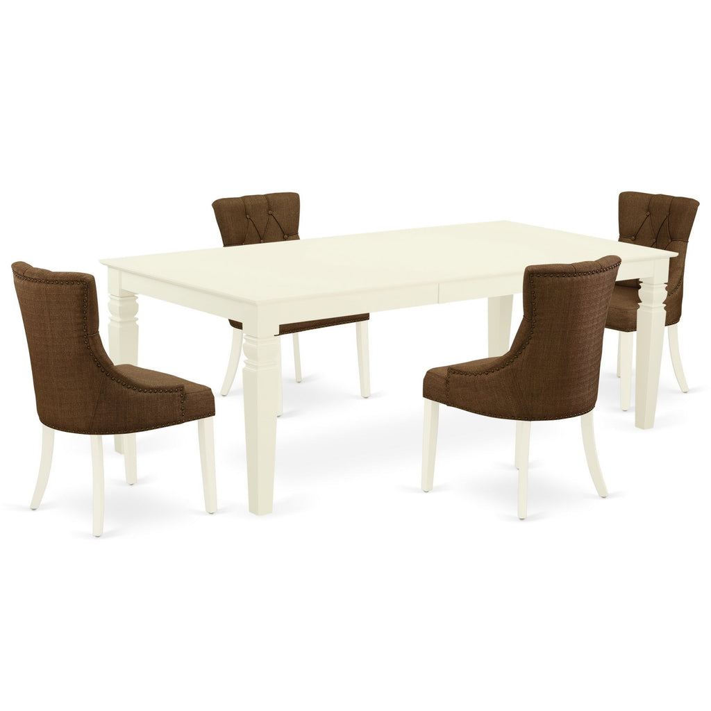 El juego de mesa de comedor de 5 piezas East West Furniture LGFR5-LWH-18 incluye una mesa de cocina rectangular con diseño de hojas de mariposa y 4 sillas tapizadas en tela de lino marrón.