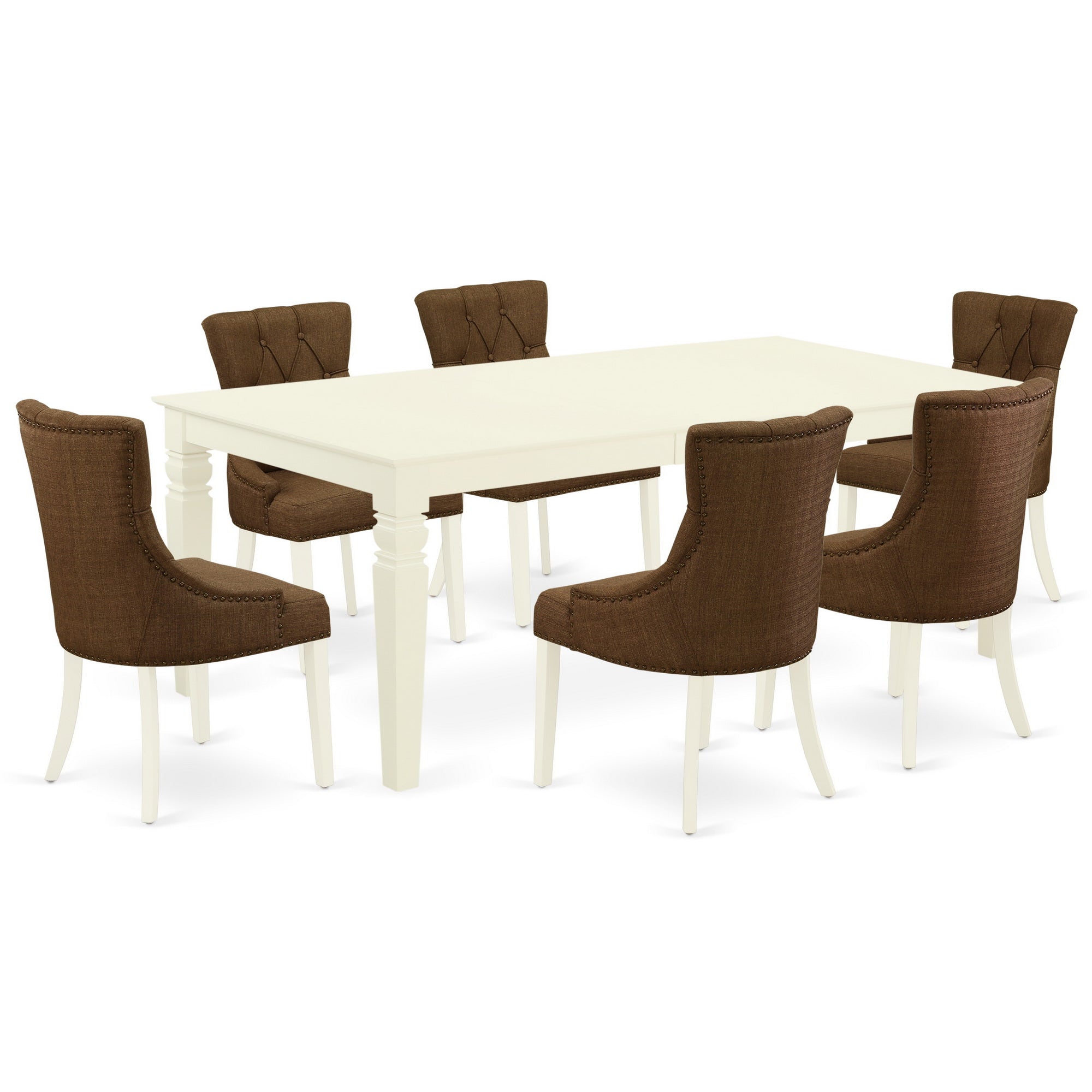 Juego de mesa de cocina East West Furniture LGFR7-LWH-18 de 7 piezas compuesto por una mesa de comedor rectangular con diseño de hojas de mariposa y 6 sillas Parson de tela de lino marrón.