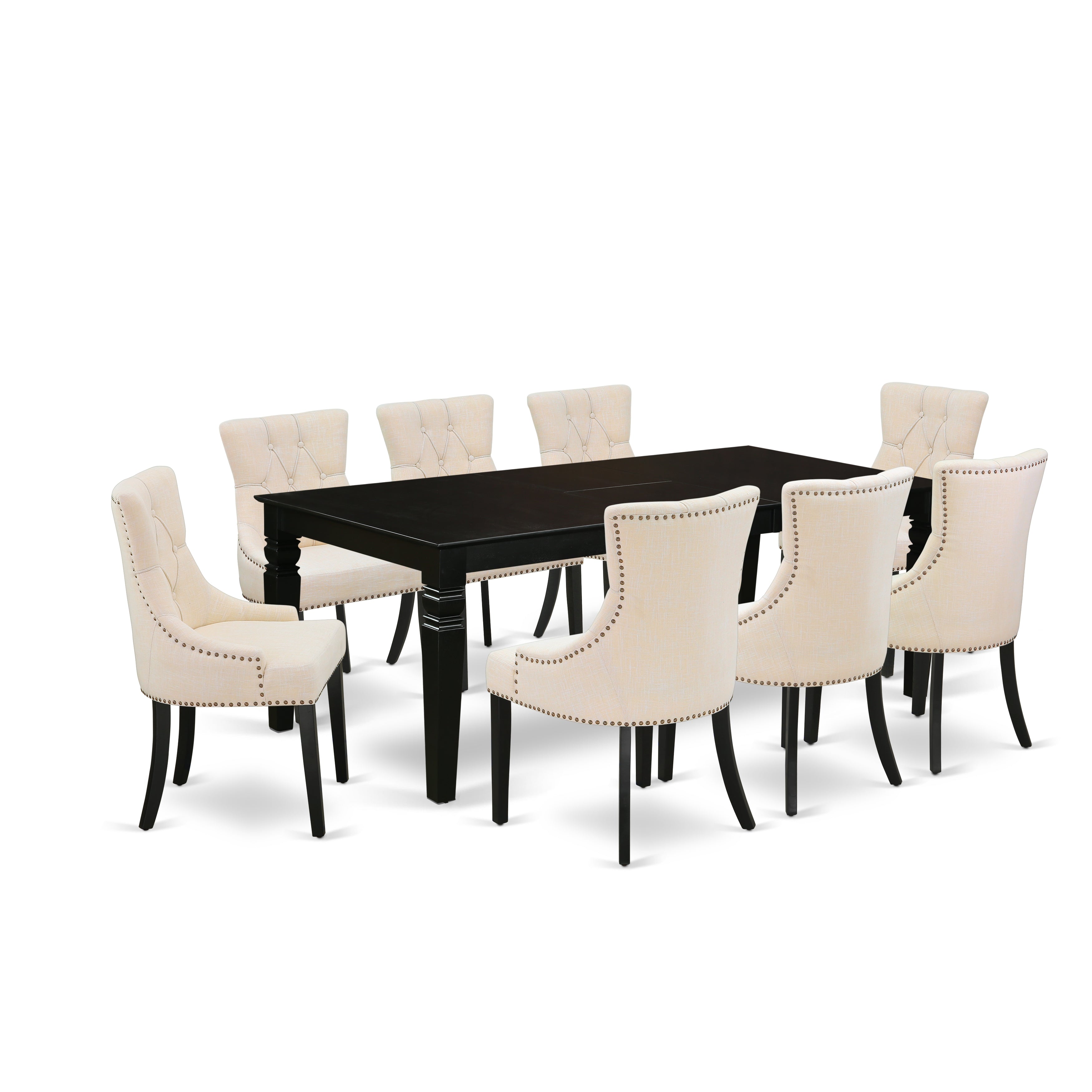El juego de comedor East West Furniture LGFR9-BLK-02 de 9 piezas incluye una mesa de cocina rectangular con hojas de mariposa y 8 sillas de comedor Parsons de tela de lino beige claro.