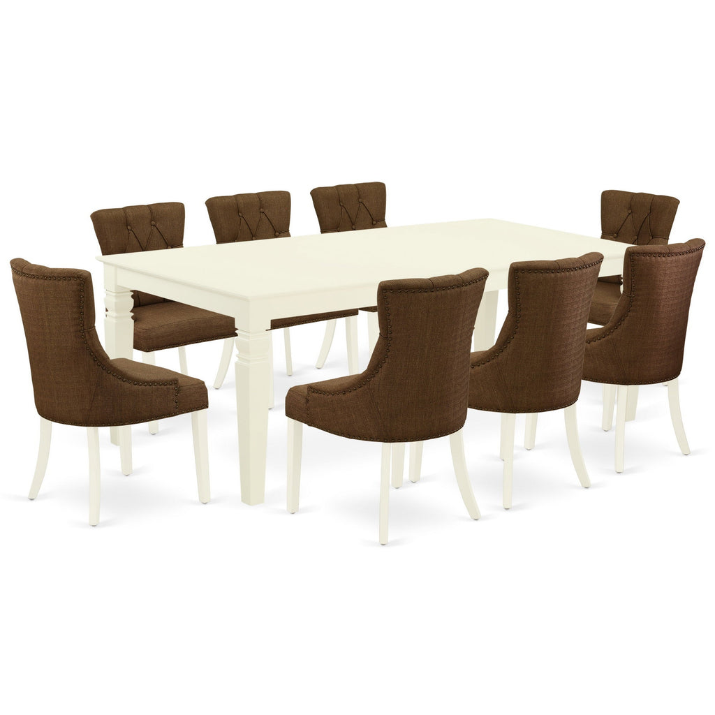 El juego de mesa de comedor East West Furniture LGFR9-LWH-18 de 9 piezas incluye una mesa de cocina rectangular con diseño de hojas de mariposa y 8 sillas Parson de tela de lino marrón.