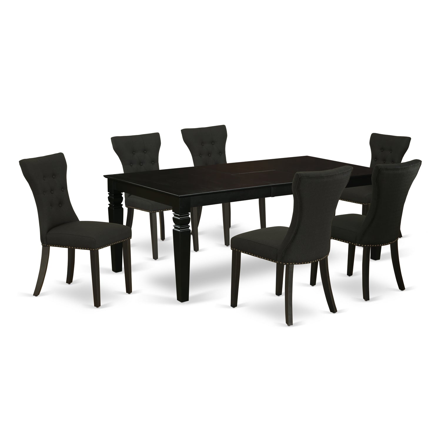 Juego de comedor East West Furniture LGGA7-BLK-24 de 7 piezas compuesto por una mesa rectangular con diseño de hojas de mariposa y 6 sillas tapizadas en tela de lino negro.