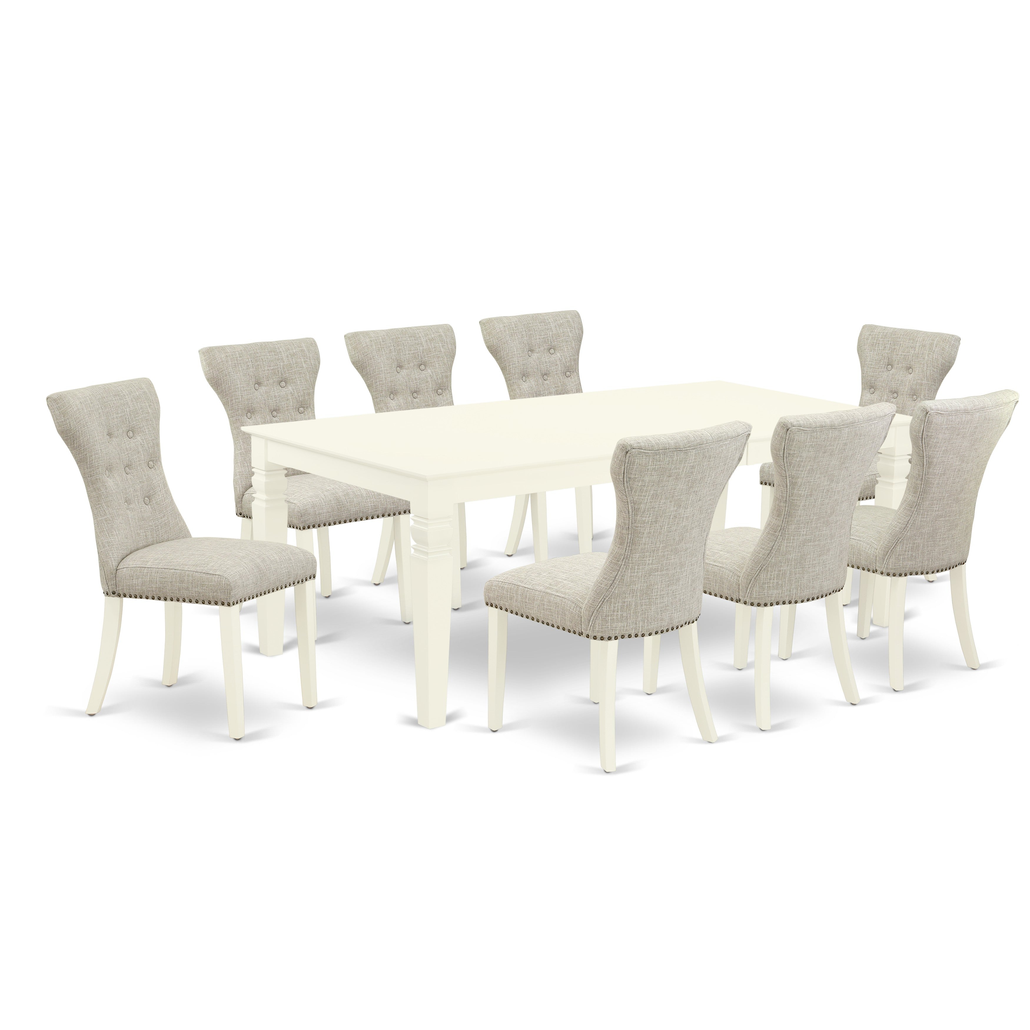 El juego de comedor East West Furniture LGGA9-LWH-35 de 9 piezas incluye una mesa de cocina rectangular con diseño de hojas de mariposa y 8 sillas tapizadas en tela de lino y piel de venado.