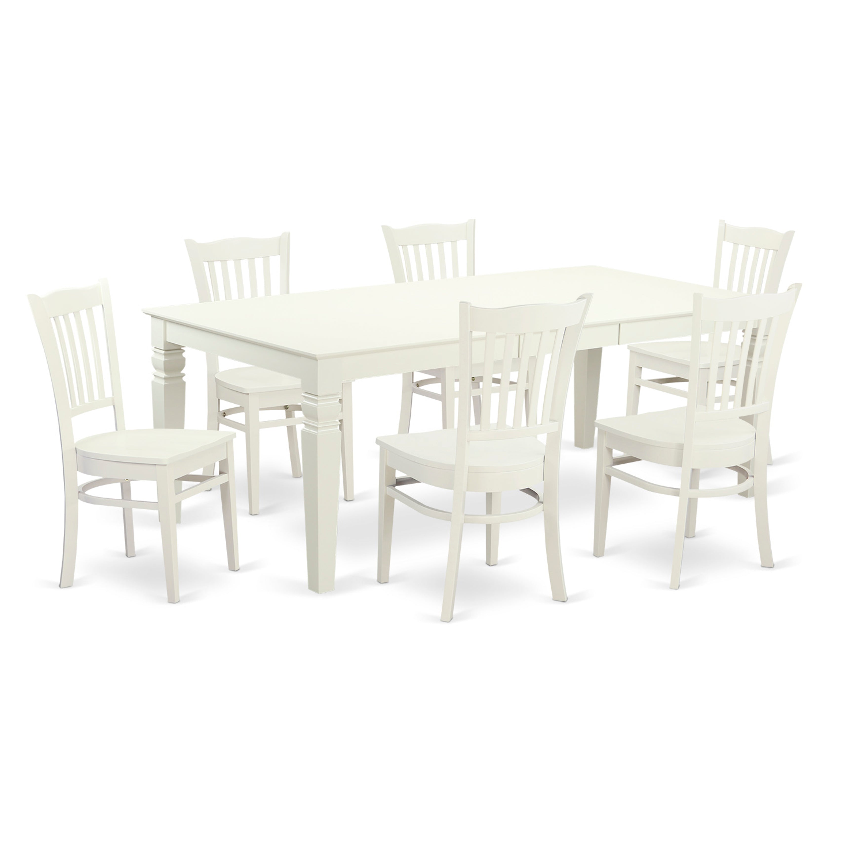 Juego de mesa de comedor East West Furniture LGGR7-LWH-W de 7 piezas compuesto por una mesa rectangular con hojas de mariposa y 6 sillas con asiento de madera.