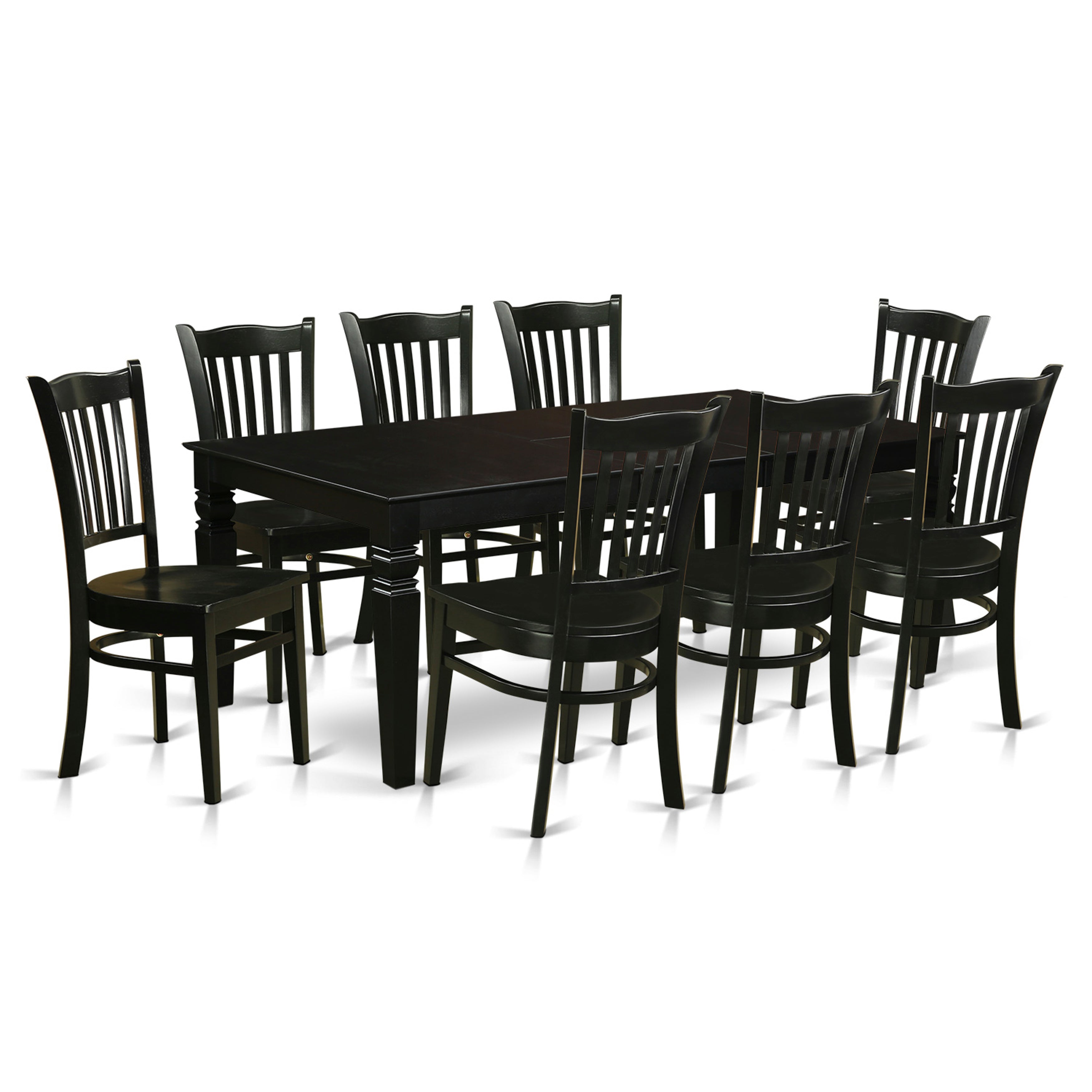 El juego de mesa de comedor moderno East West Furniture LGGR9-BLK-W de 9 piezas incluye una mesa rectangular de madera con diseño de hojas de mariposa y 8 sillas de comedor.