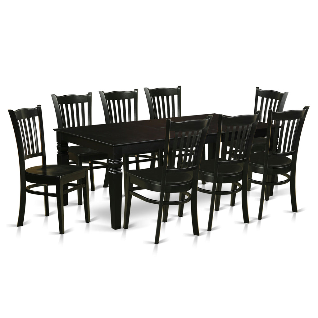 El juego de mesa de comedor moderno East West Furniture LGGR9-BLK-W de 9 piezas incluye una mesa rectangular de madera con diseño de hojas de mariposa y 8 sillas de comedor.