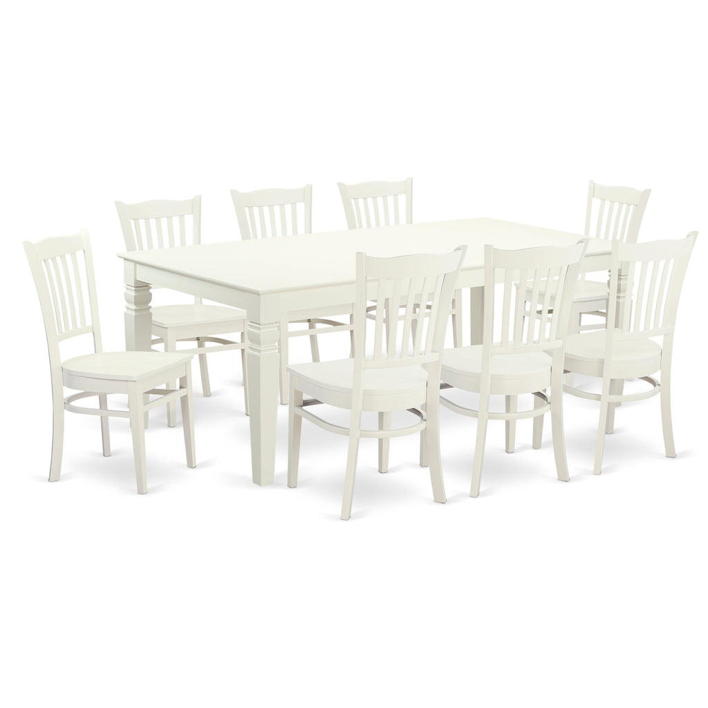 El juego de mesa de cocina East West Furniture LGGR9-LWH-W de 9 piezas incluye una mesa de comedor rectangular con hojas de mariposa y 8 sillas de comedor.