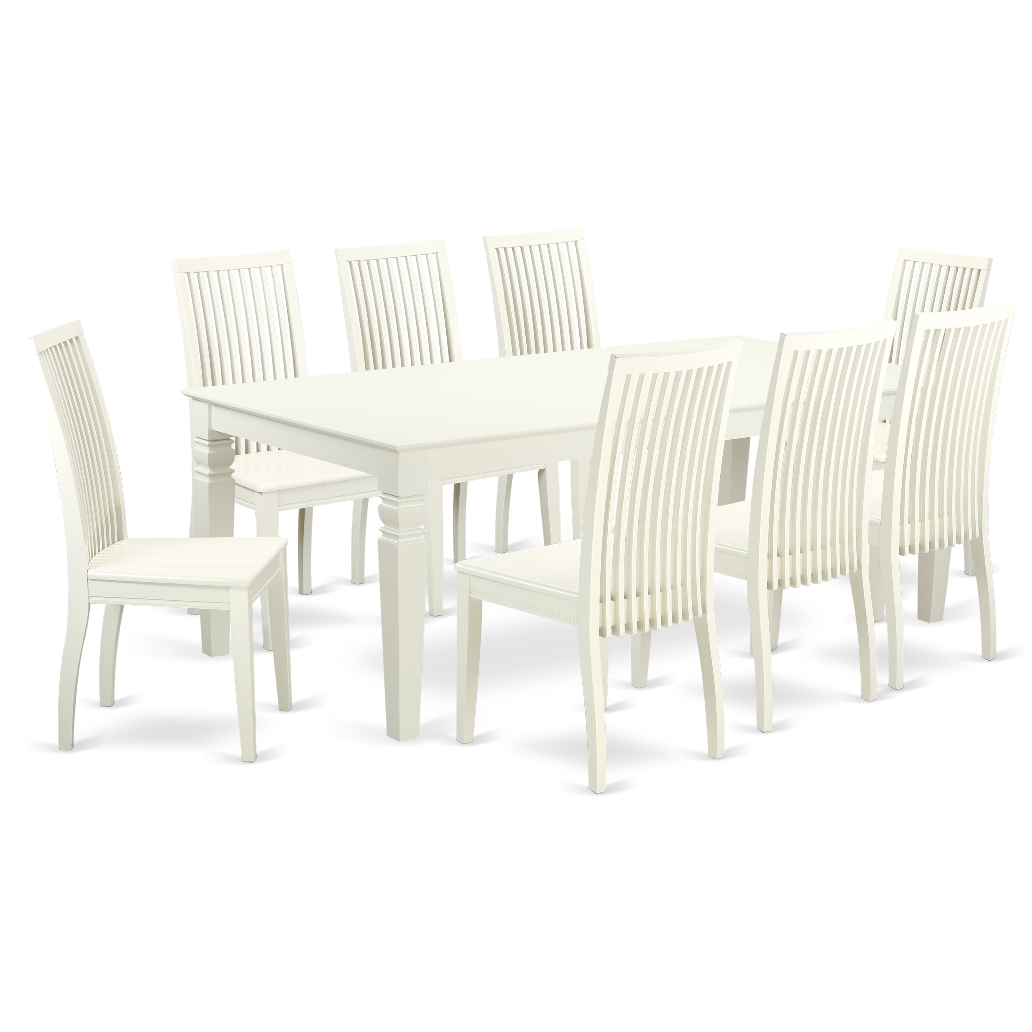 El juego de mesa de comedor East West Furniture LGIP9-LWH-W de 9 piezas incluye una mesa de comedor rectangular con hojas de mariposa y 8 sillas con asiento de madera.
