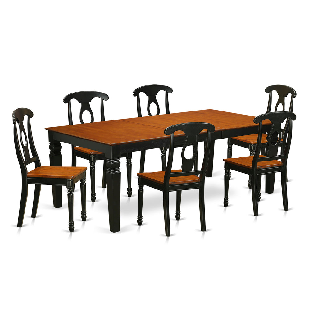 Juego de mesa de comedor East West Furniture LGKE7-BCH-W de 7 piezas compuesto por una mesa de comedor rectangular con hojas de mariposa y 6 sillas con asiento de madera.