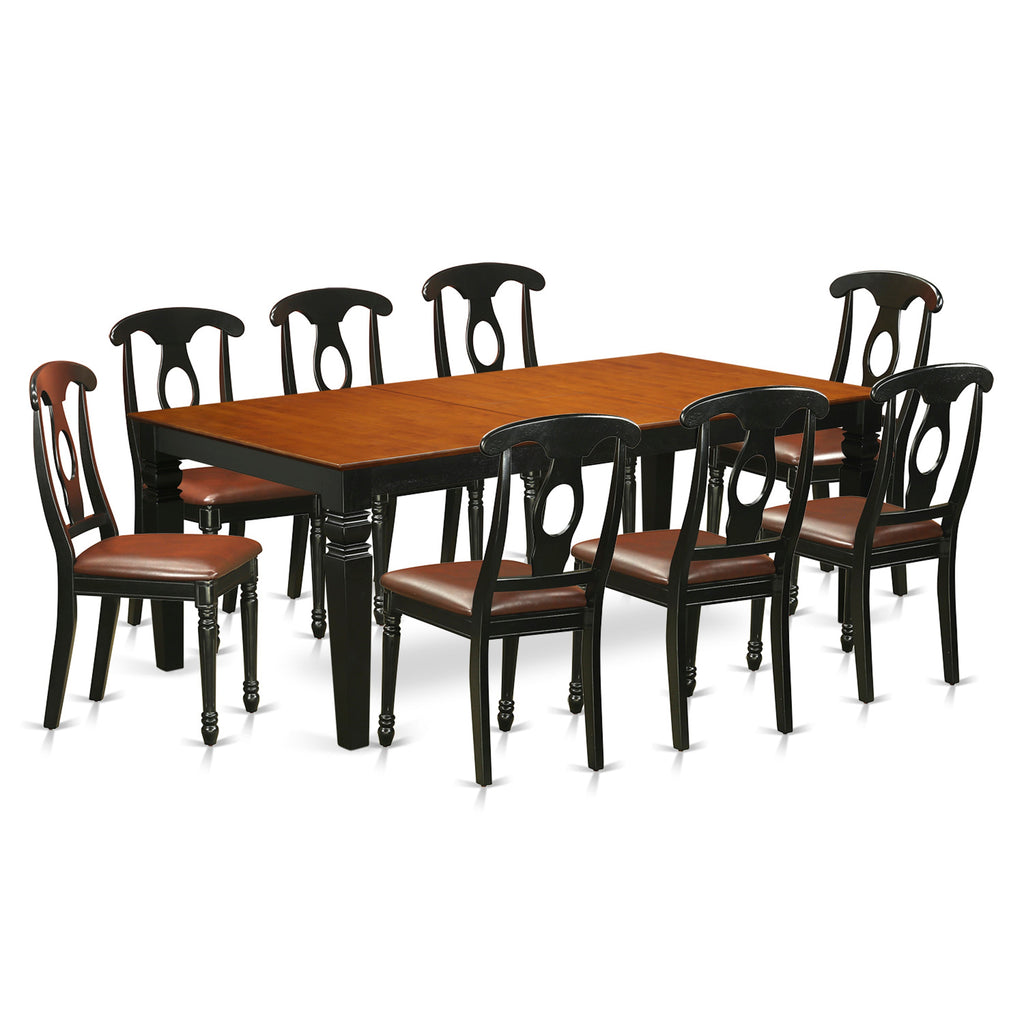 El juego de comedor East West Furniture LGKE9-BCH-LC de 9 piezas incluye una mesa de comedor rectangular con diseño de hojas de mariposa y 8 sillas de cocina tapizadas en piel sintética.