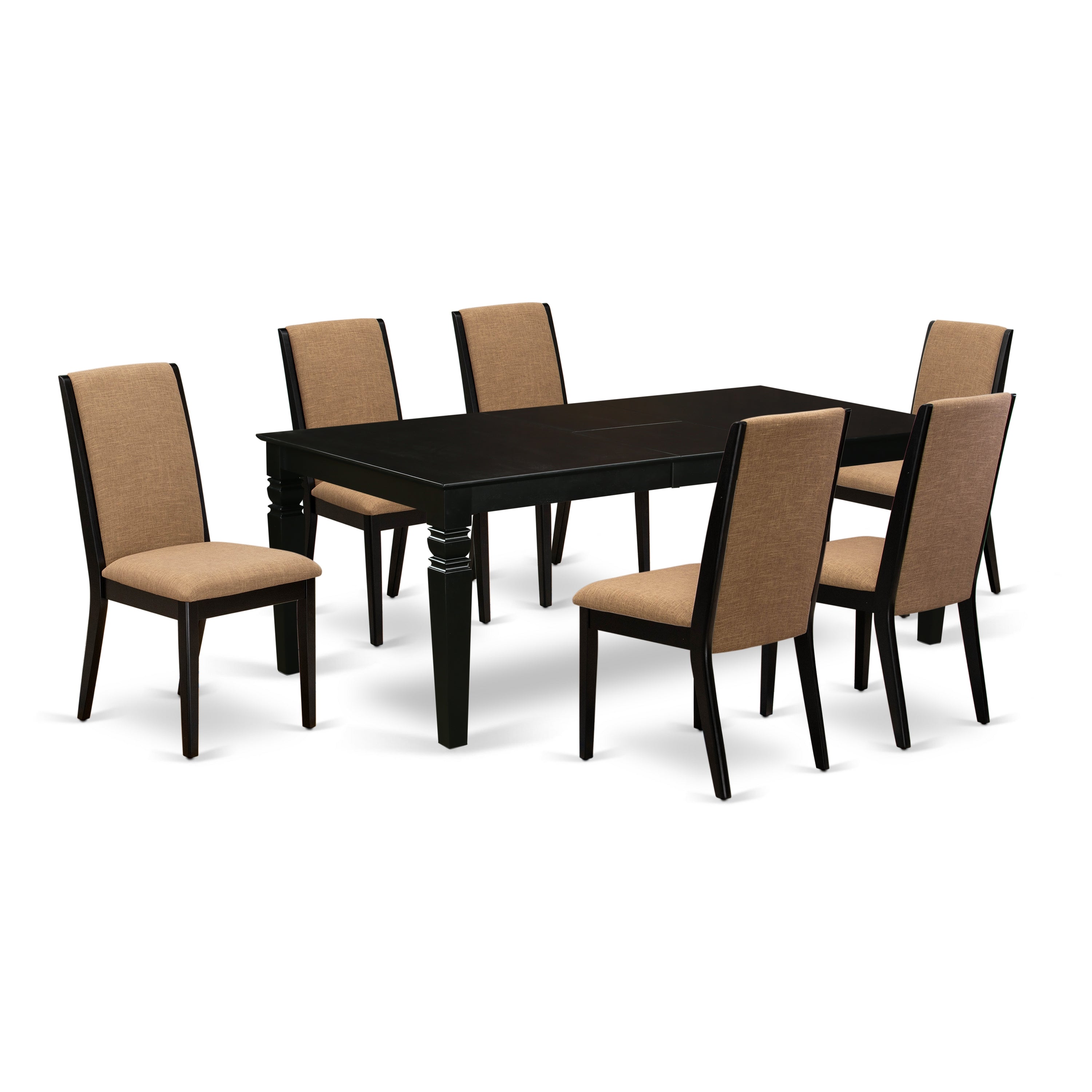 Juego de mesa de comedor East West Furniture LGLA7-BLK-47 de 7 piezas compuesto por una mesa rectangular de madera con hojas de mariposa y 6 sillas tapizadas en tela de lino color sable claro.