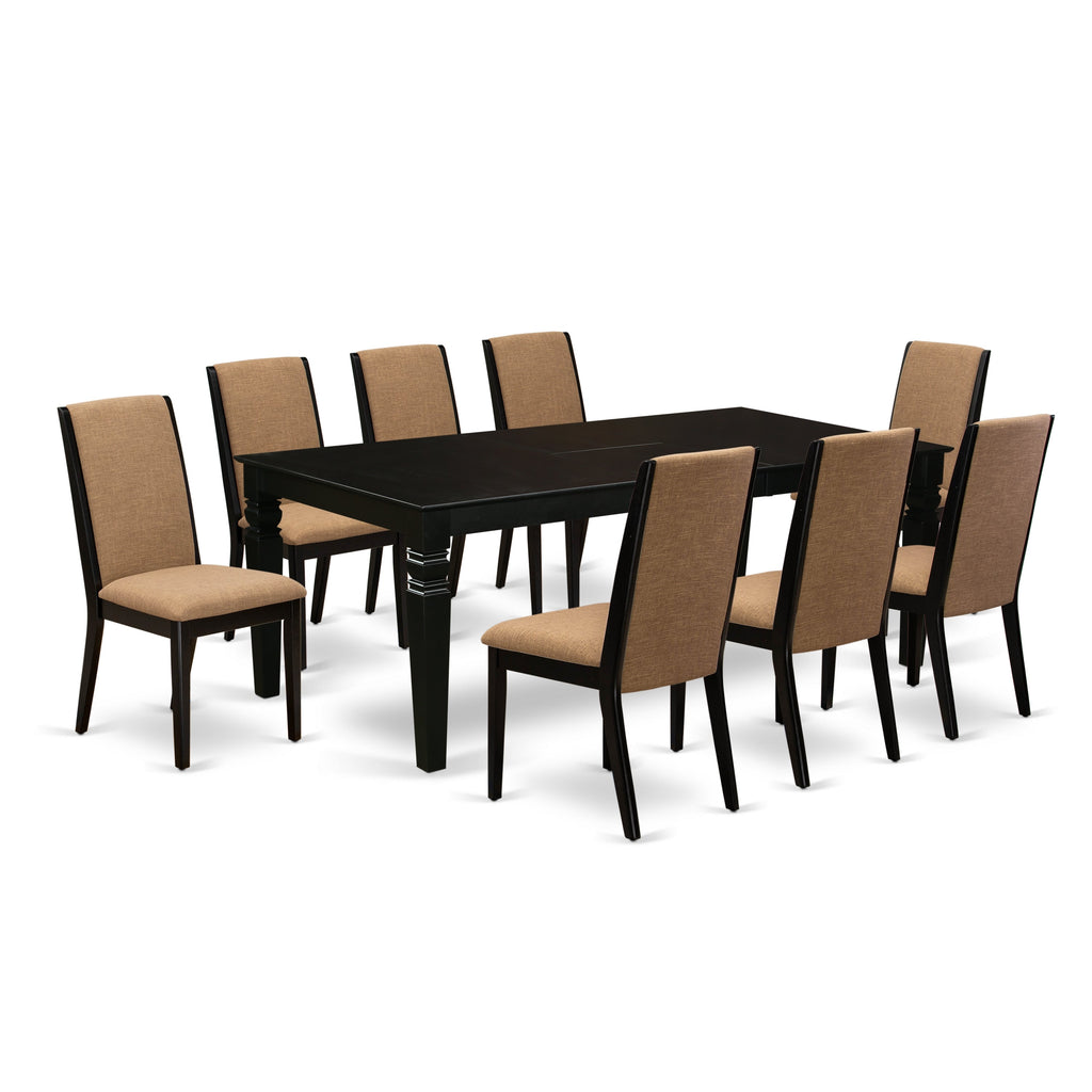 East West Furniture LGLA9-BLK-47 9 Piece Dining Table Set Includes a Rectangle Kitchen Table with Butterfly Leaf and 8 Light Sable Linen Fabric Upholstered Chairs