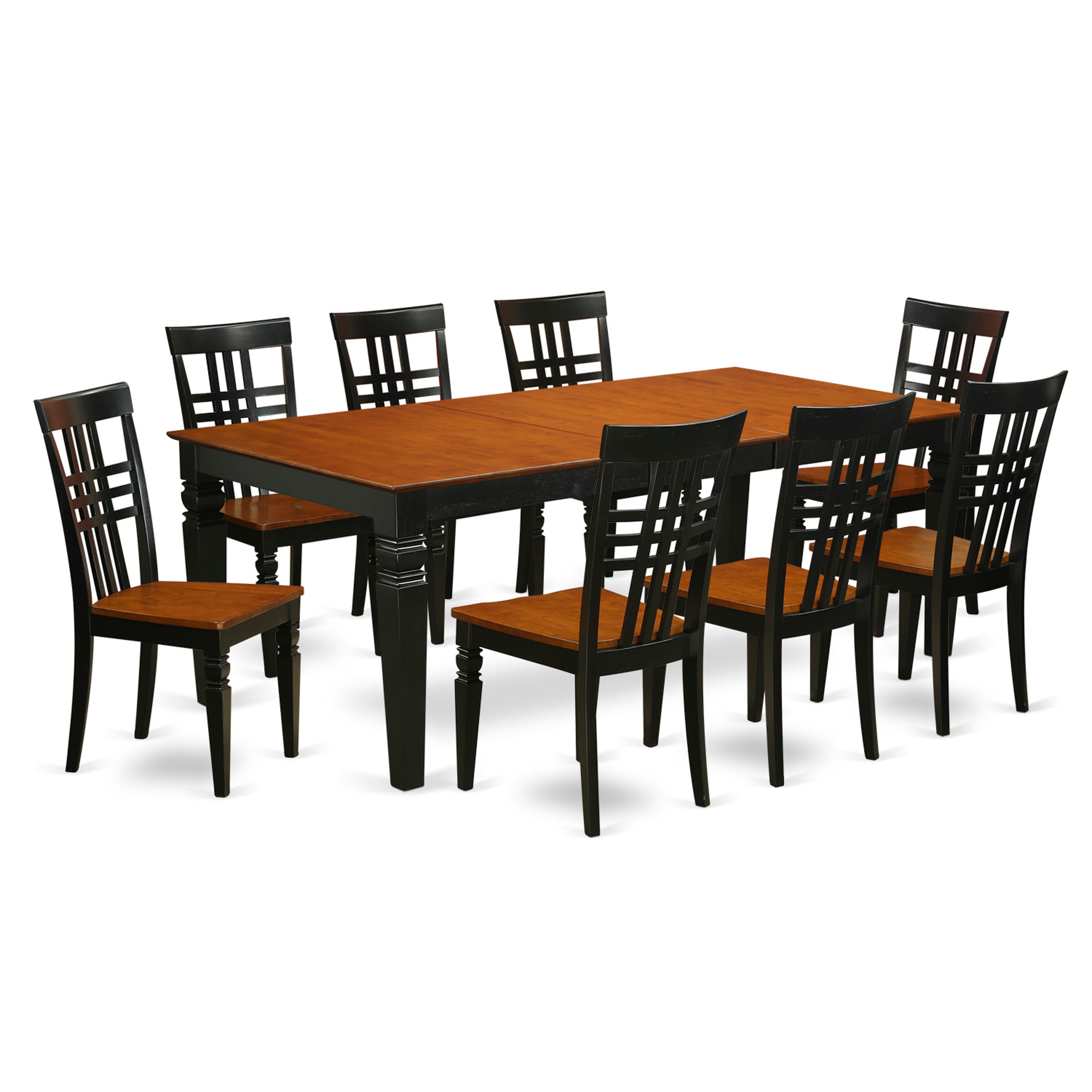 El juego de mesa de comedor East West Furniture LGLG9-BCH-W de 9 piezas incluye una mesa de comedor rectangular con hojas de mariposa y 8 sillas con asiento de madera.