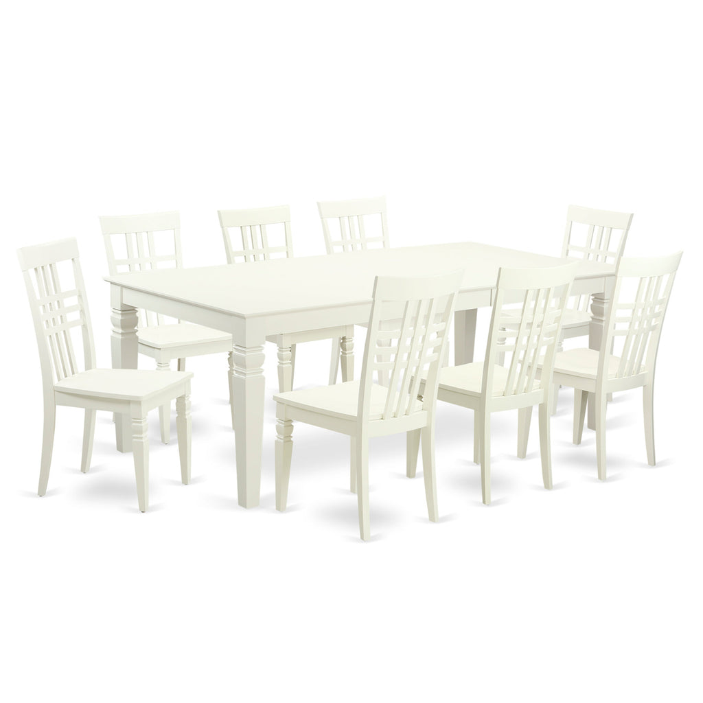 El juego de mesa de comedor East West Furniture LGLG9-LWH-W de 9 piezas incluye una mesa rectangular de madera con diseño de hojas de mariposa y 8 sillas de comedor de cocina.