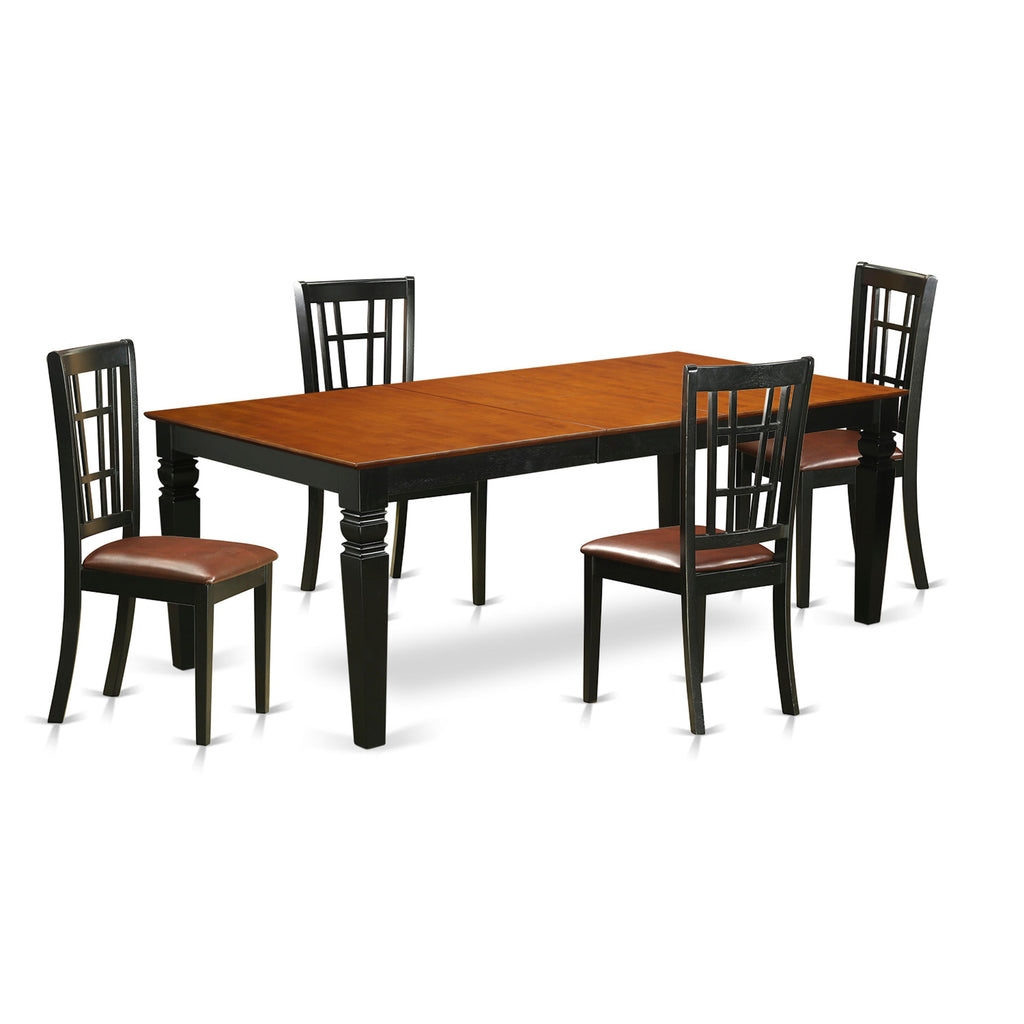 El juego de comedor de 5 piezas LGNI5-BCH-LC de East West Furniture incluye una mesa de comedor rectangular con hojas de mariposa y 4 sillas de cocina de cuero sintético.