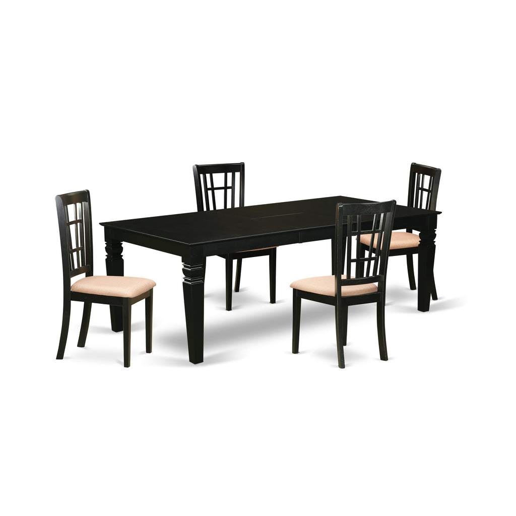 Juego de mesa de cocina de 5 piezas East West Furniture LGNI5-BLK-C para 4 personas. Incluye una mesa de comedor rectangular con diseño de hojas de mariposa y 4 sillas de comedor de tela de lino.