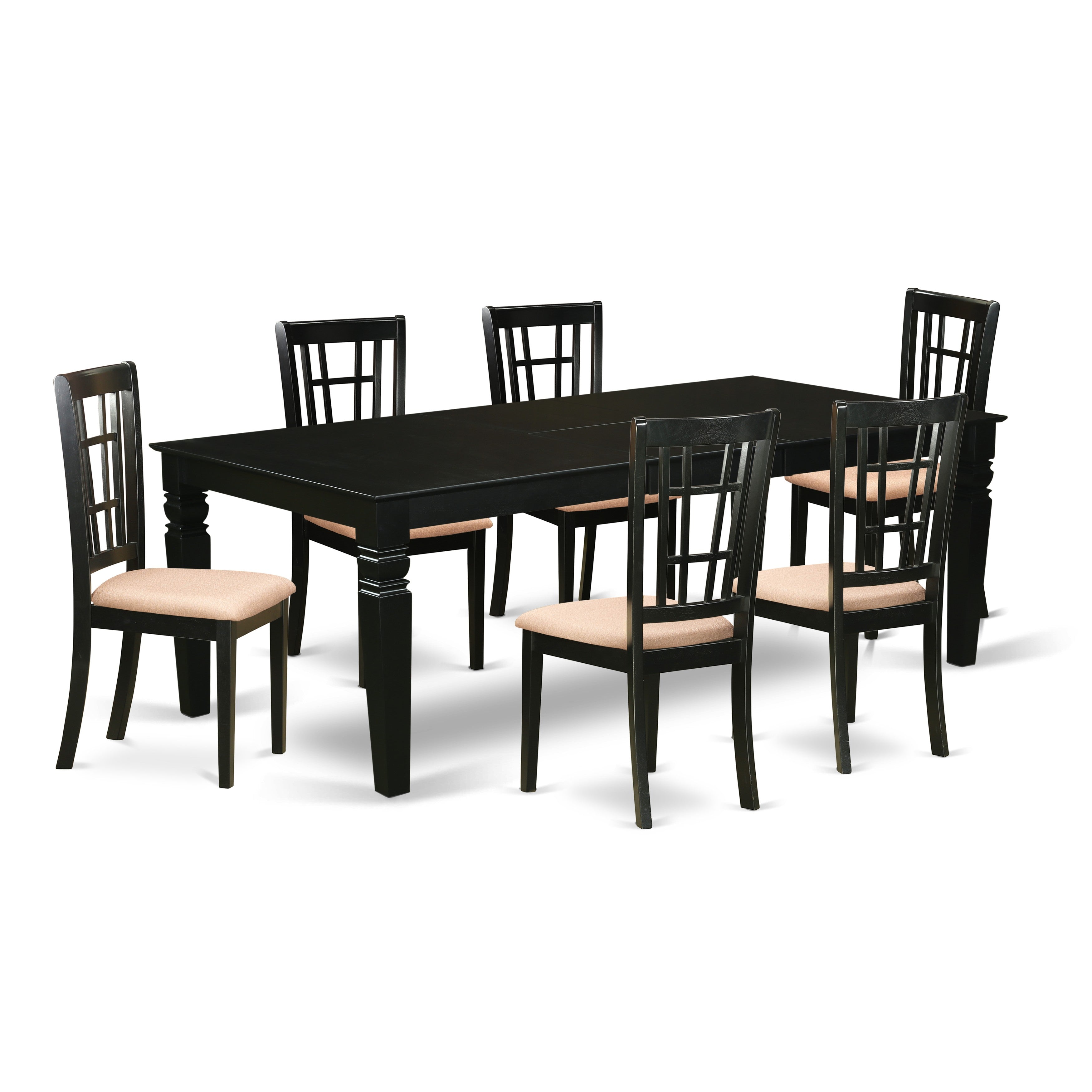El juego de mesa de cocina East West Furniture LGNI7-BLK-C de 7 piezas consta de una mesa de comedor rectangular con diseño de hojas de mariposa y 6 sillas de comedor de tela de lino.