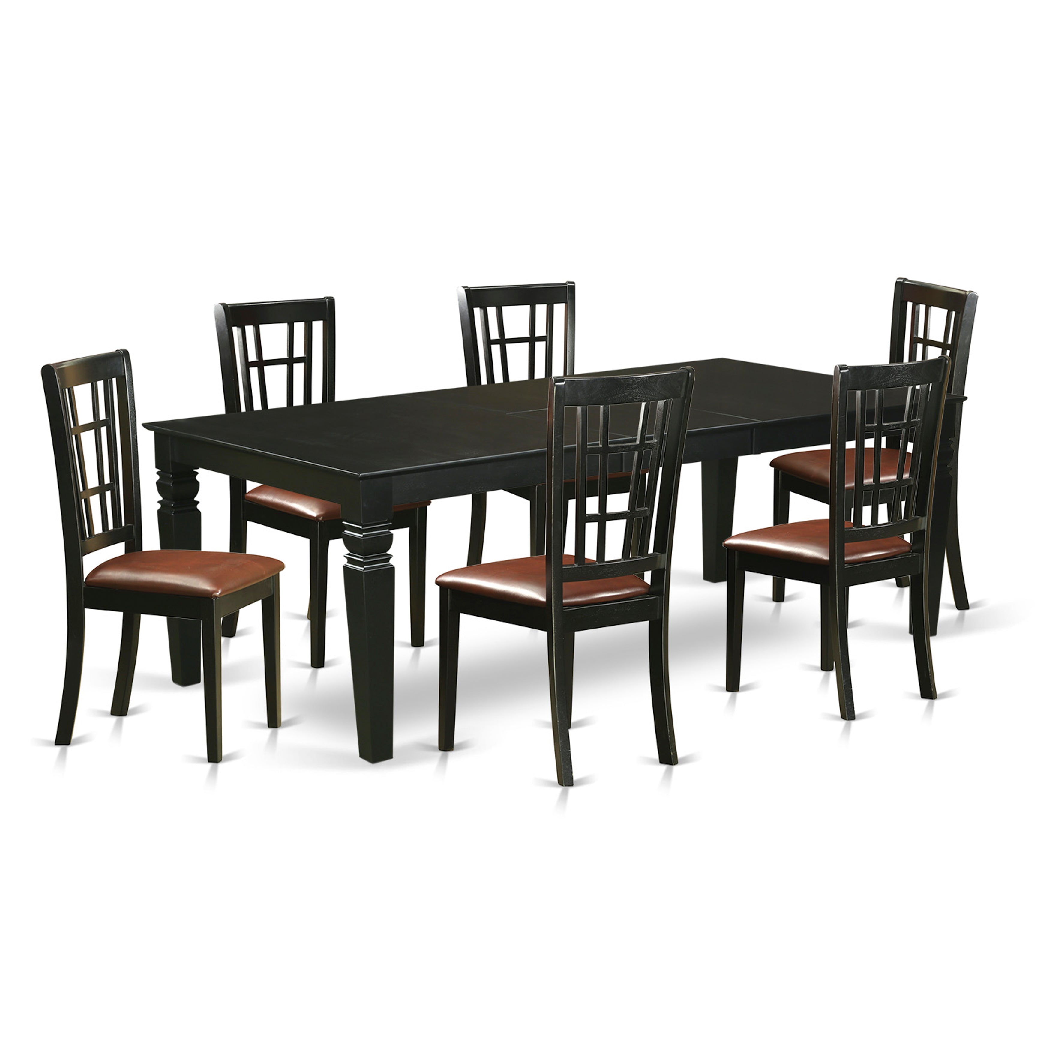 Juego de mesa de comedor East West Furniture LGNI7-BLK-LC de 7 piezas compuesto por una mesa rectangular de madera con diseño de hojas de mariposa y 6 sillas de comedor de piel sintética.