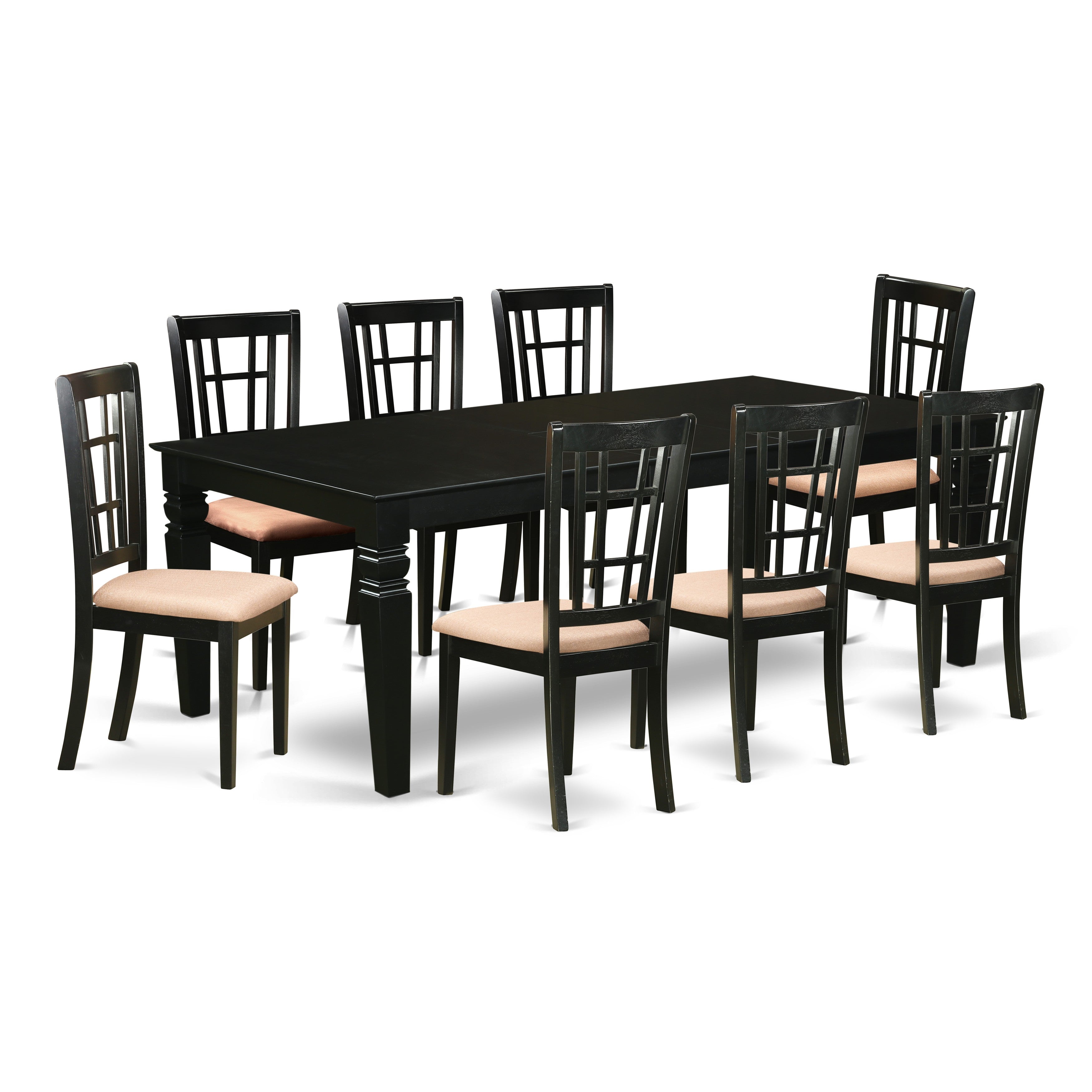 El juego de comedor East West Furniture LGNI9-BLK-C de 9 piezas incluye una mesa de cocina rectangular con diseño de hojas de mariposa y 8 sillas tapizadas en tela de lino.