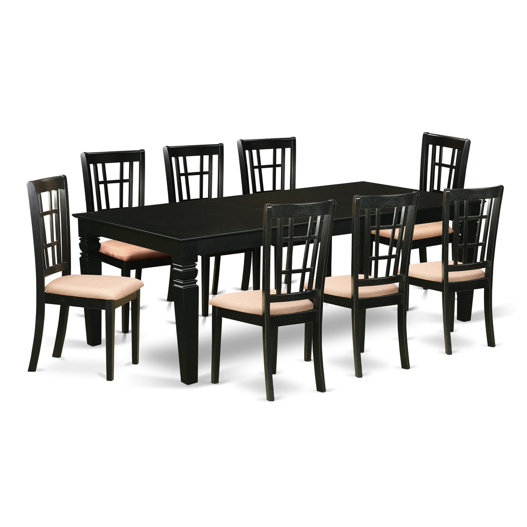 East West Furniture LGNI9-BLK-C 9 Piece Dining Room Furniture Set Includes a Rectangle Kitchen Table with Butterfly Leaf and 8 Linen Fabric Upholstered Chairs